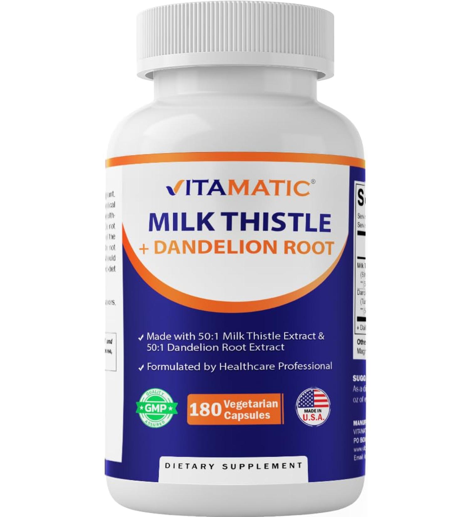 Vitamatic Milk Thistle 50:1 Extract 500mg, Dandelion Root 50:1 Extract 100mg, 180 Vegetarian Capsules, Non-GMO, Gluten Free - Buy Online on GoSupps.com