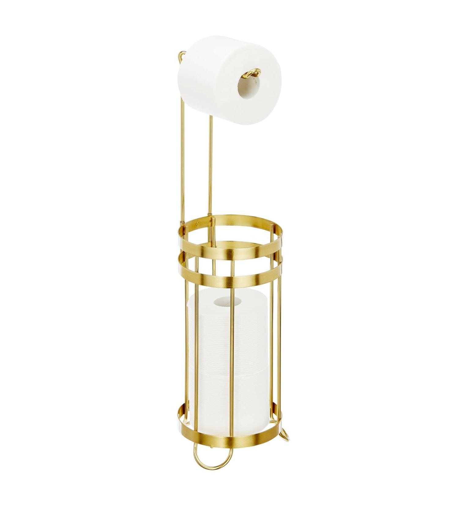 mDesign Soft Brass Toilet Paper Holder Stand with Storage - Holds 3 Spare Rolls - Free Standing Dispenser for Mega Rolls - Ideal for Bathrooms/Powder Rooms - Buy Online on GoSupps.com