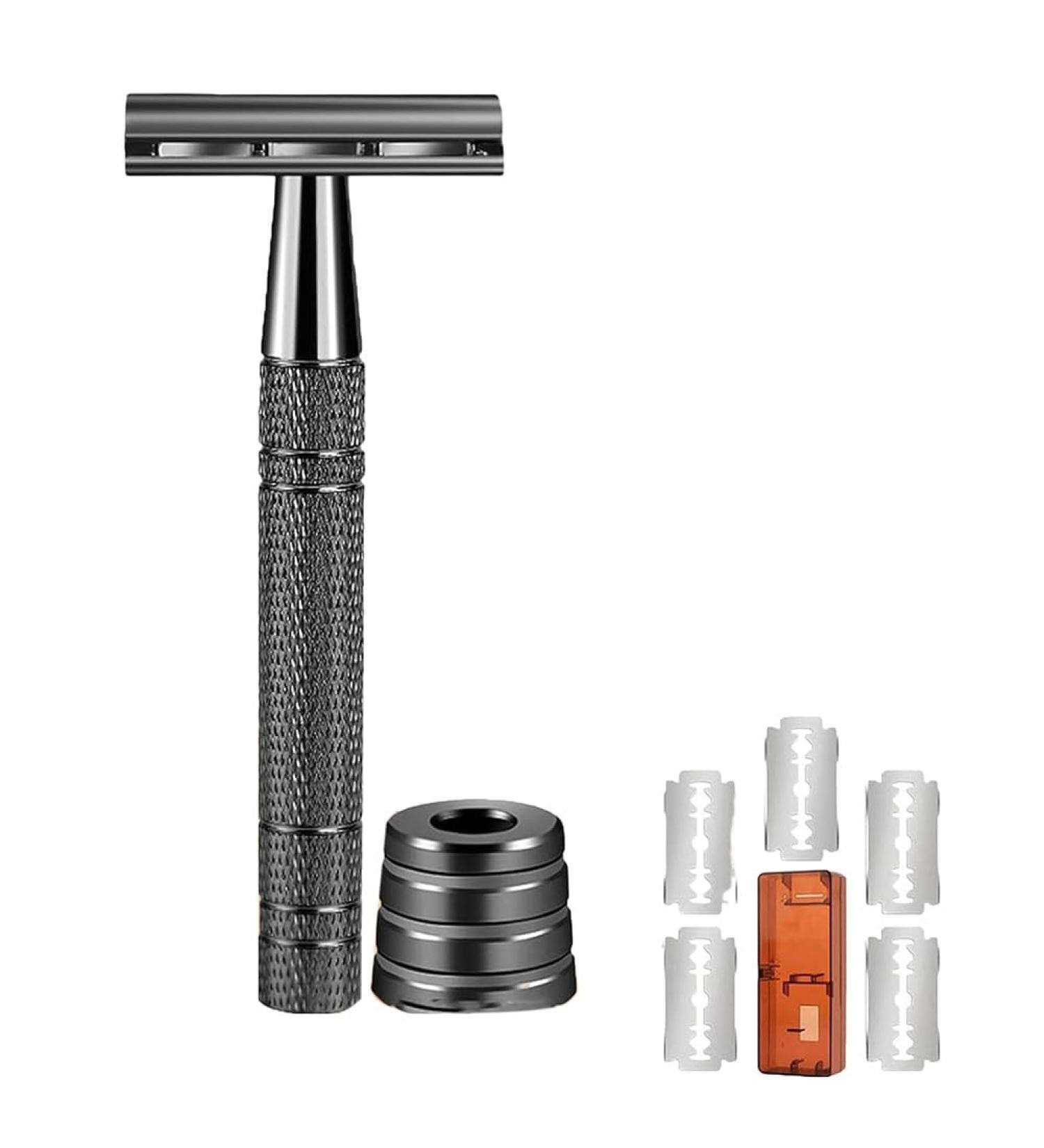 Lehua Interchangeable Men's Safety Razor - Double Edge Reusable Metal Razor in Silver Gray | Eco-Friendly Grooming Tool - Buy Online on GoSupps.com