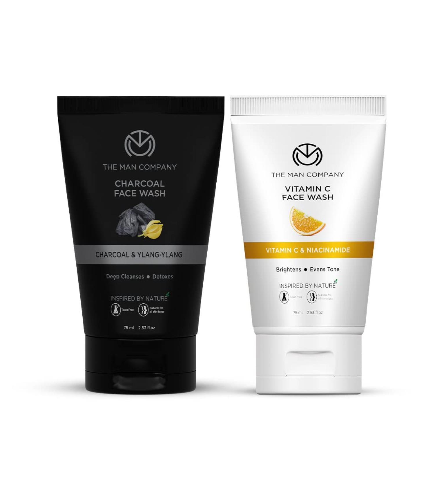 Ultimate Face Wash Duo - Charcoal & Vitamin C | 75ml | Oil-Free Blackhead Removal Instant Glow for All Skin Types | The Man Company - Buy Online on GoSupps.com