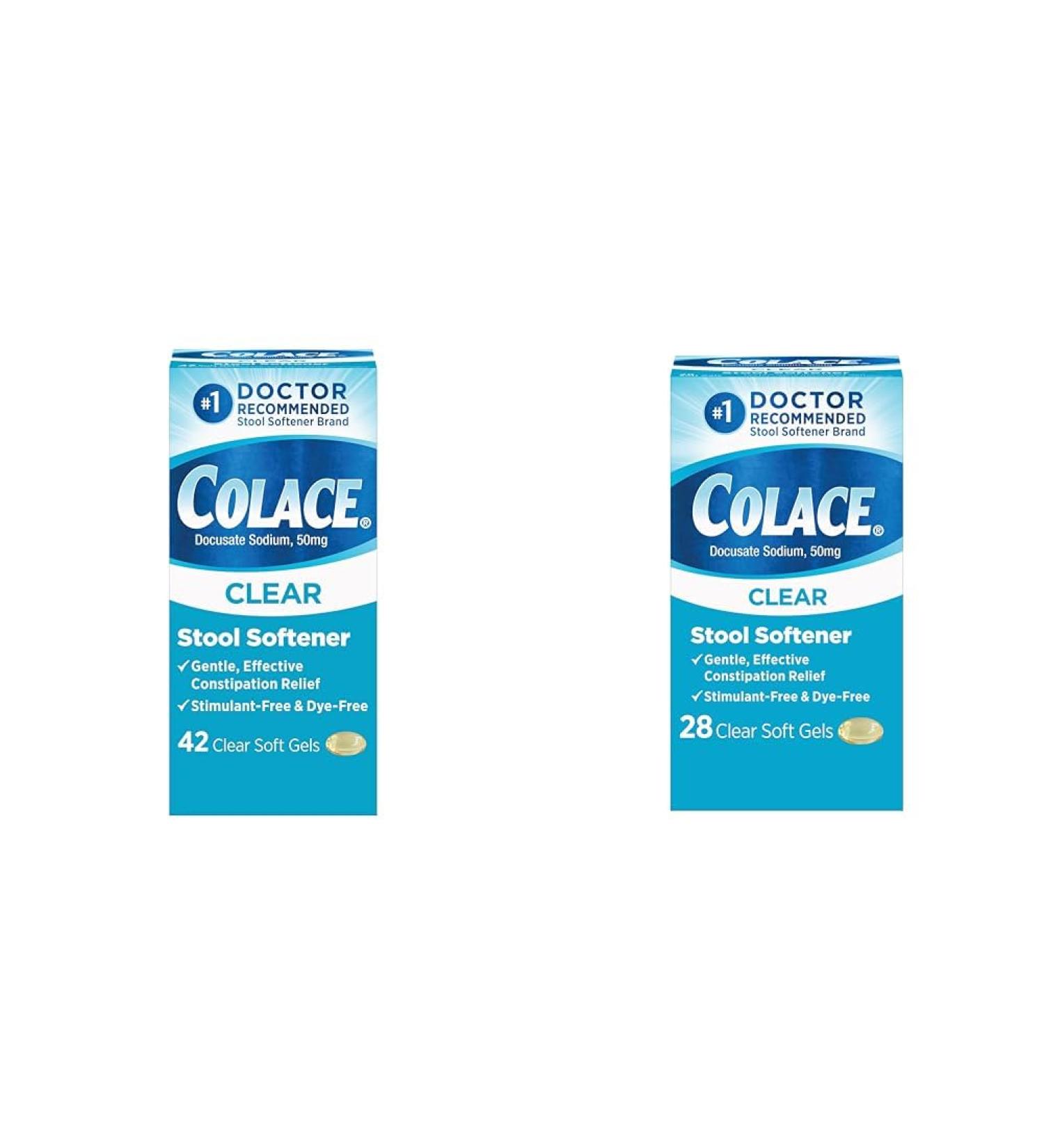 Colace Clear Stool Softener Soft Gel Capsules Constipation Relief Doctor Recommended Brand 50mg Docusate Sodium 42ct and 28ct Bundle - Buy Online on GoSupps.com