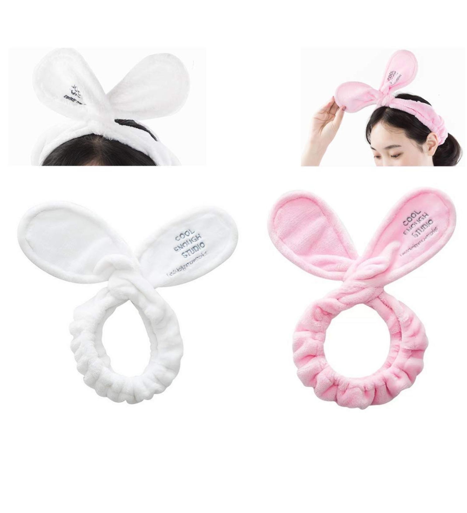 Spa Facial Headband 2 Pack - Rabbit Ear Design for Makeup and Shower - Adjustable Towels for Facial Treatment - White and Pink - Buy Online on GoSupps.com