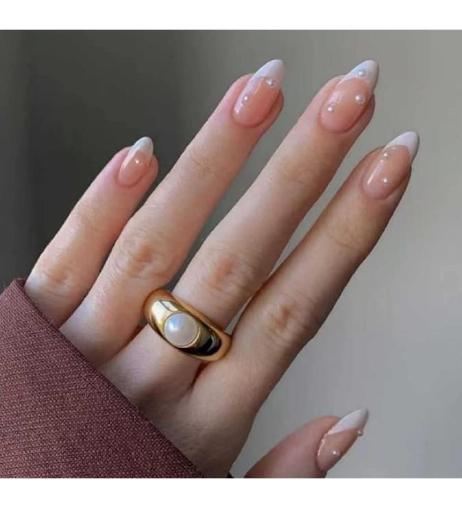 Justotry 24 pieces almond pearls nails to stick on short white French artificial nails glossy nude oval artificial nail press on nails acrylic fingernails fake nails short for women white & pearls 1