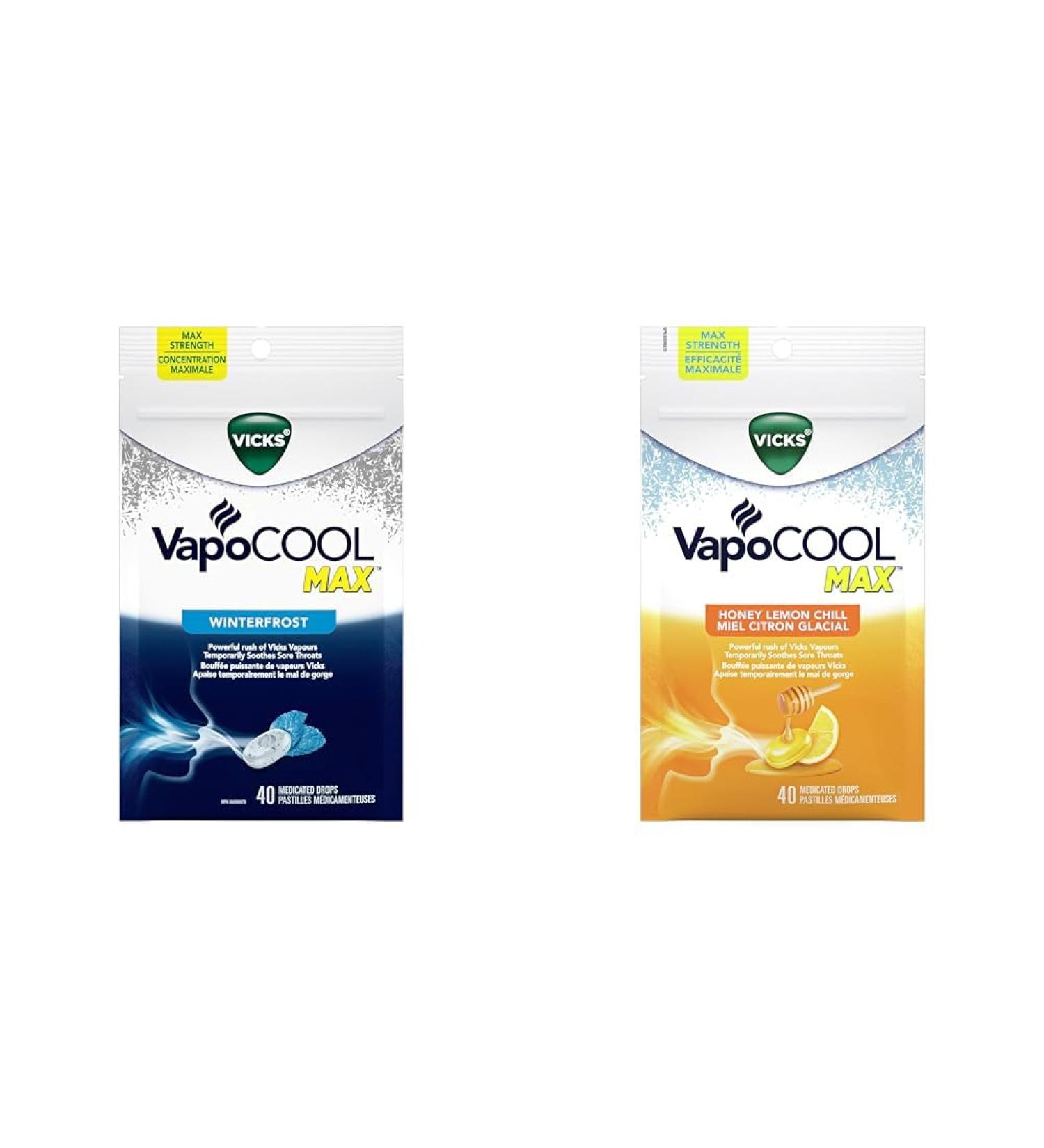 Vicks VapoCOOL Max Medicated Drops for Temporary Cough and Sore Throat Relief & VapoCOOL Max Medicated Drops for Temporary Cough and Sore Throat Relief Honey Lemon Chill Flavour 40 Count Drops + Medicated Drops - Buy Online on GoSupps.com