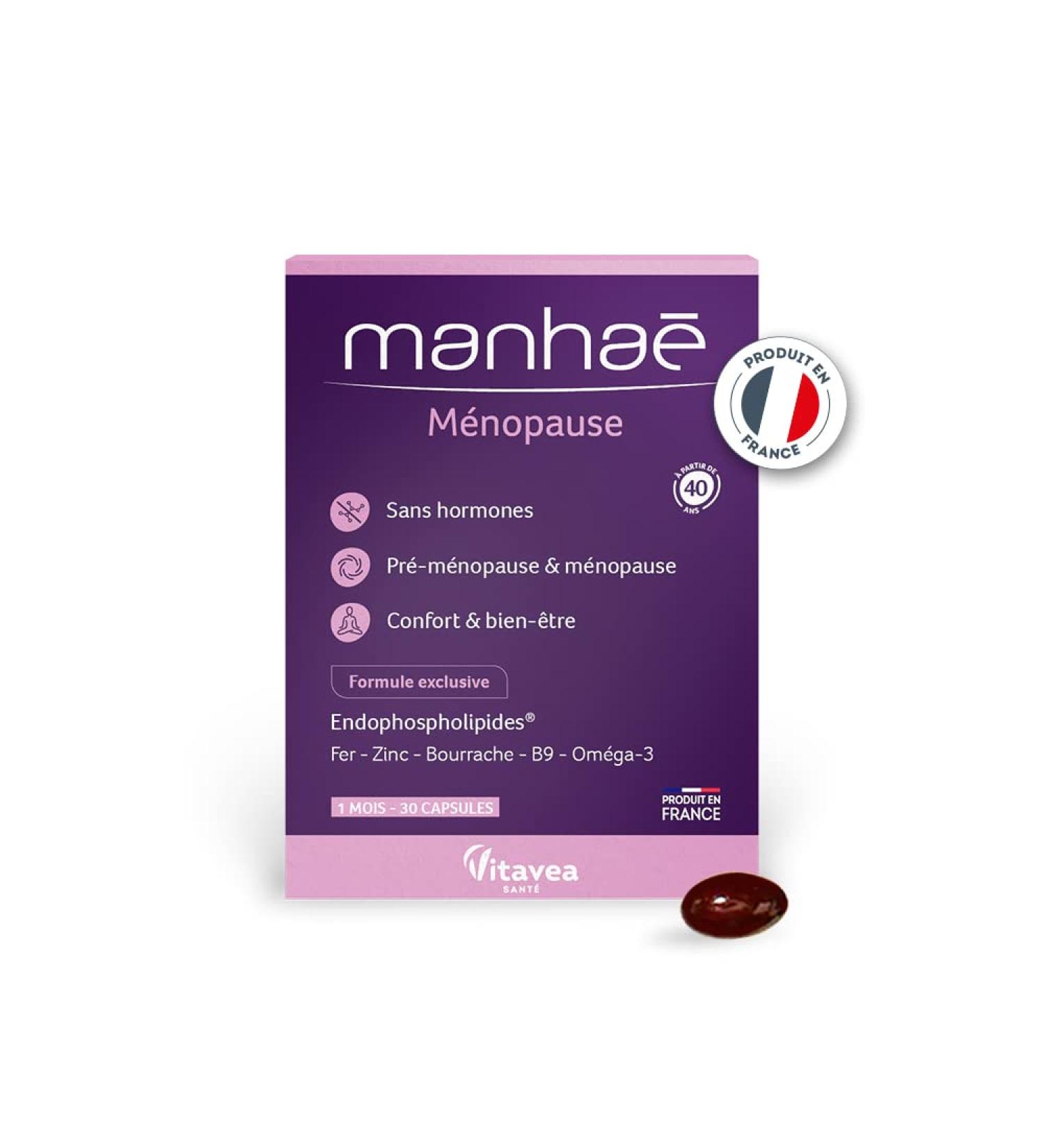 Vitavea Manha - Menopause and Pre-Menopause Food Supplement without Hormones - for Comfort & Wellness - Folic Acid Omega 3 Zinc Iron - 30 Capsules - 1 Month Treatment - Made in France - Buy Online on GoSupps.com