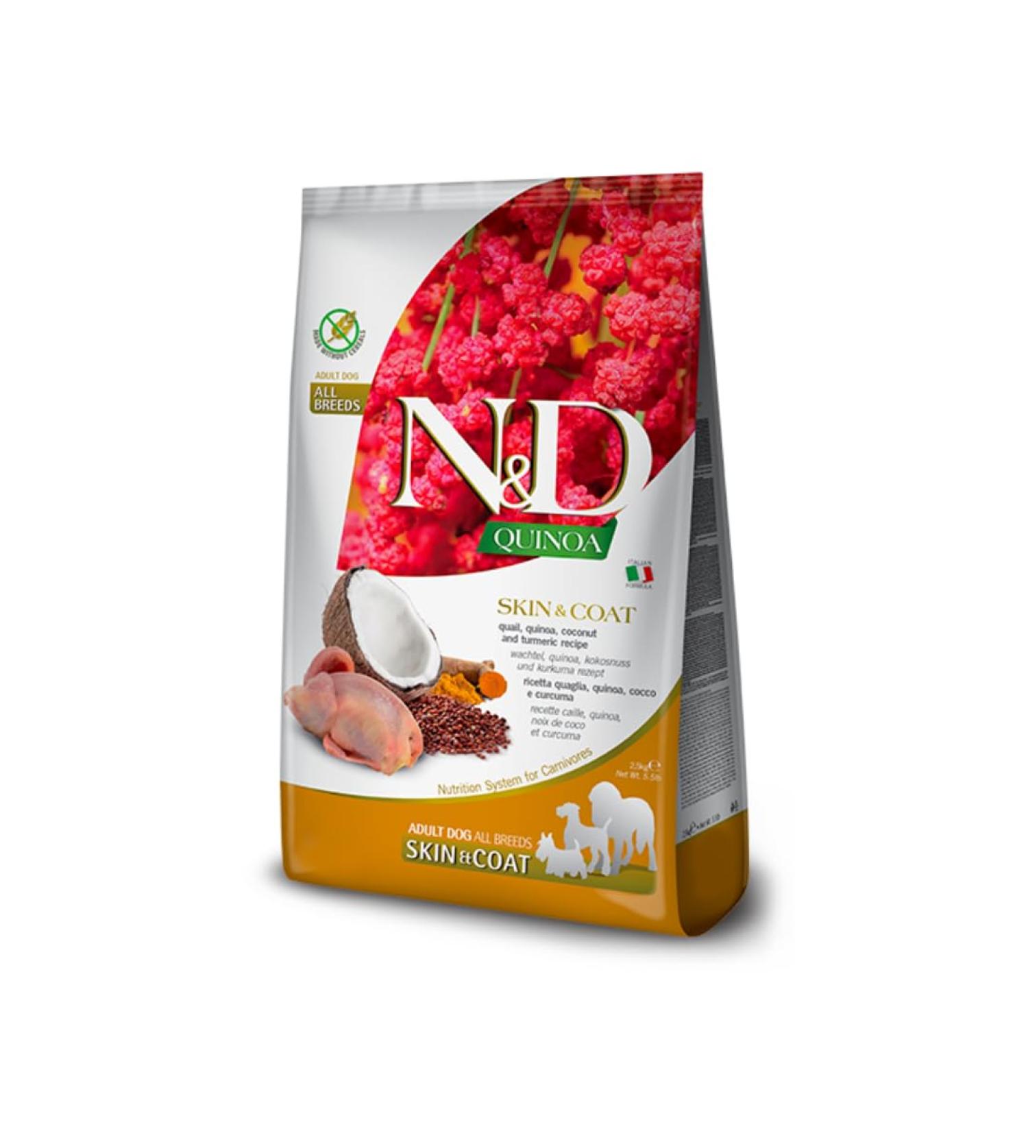 Farmina, N&D Quinoa Skin & Coat, Caille, Coconut & Turmeric, Medium/Maxi Adult Dog, 2.5 kg