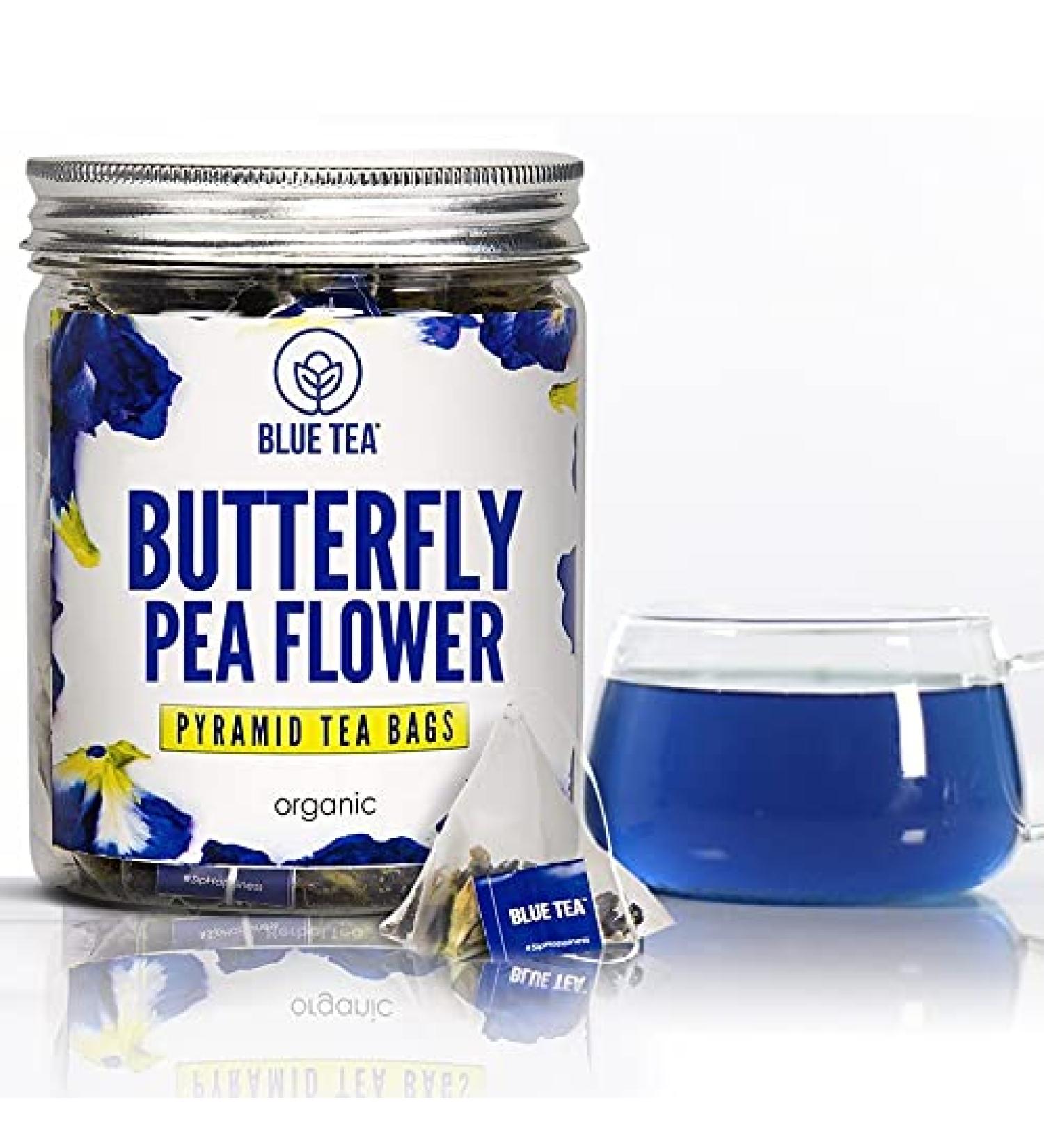 Blue Tea - Butterfly Pea Flower Pyramid Tea Bags | Natural Food Coloring for Iced Tea, Cocktails & Mocktails | Clitoria Flower Herbal Tea in PET Jar - Buy Online on GoSupps.com