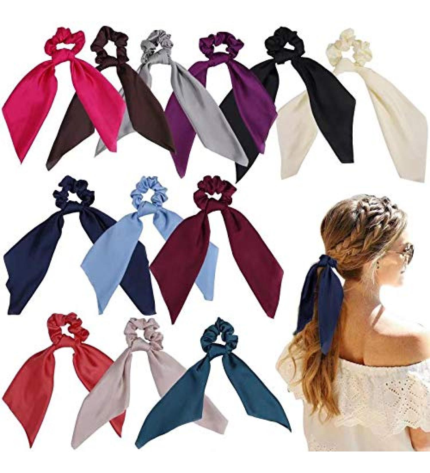 ZZICEN Satin Hair Scrunchie with Tail - 12 Pcs Solid Colors Silk Hair Scarf Scrunchies for Women and Girls - Buy Online on GoSupps.com