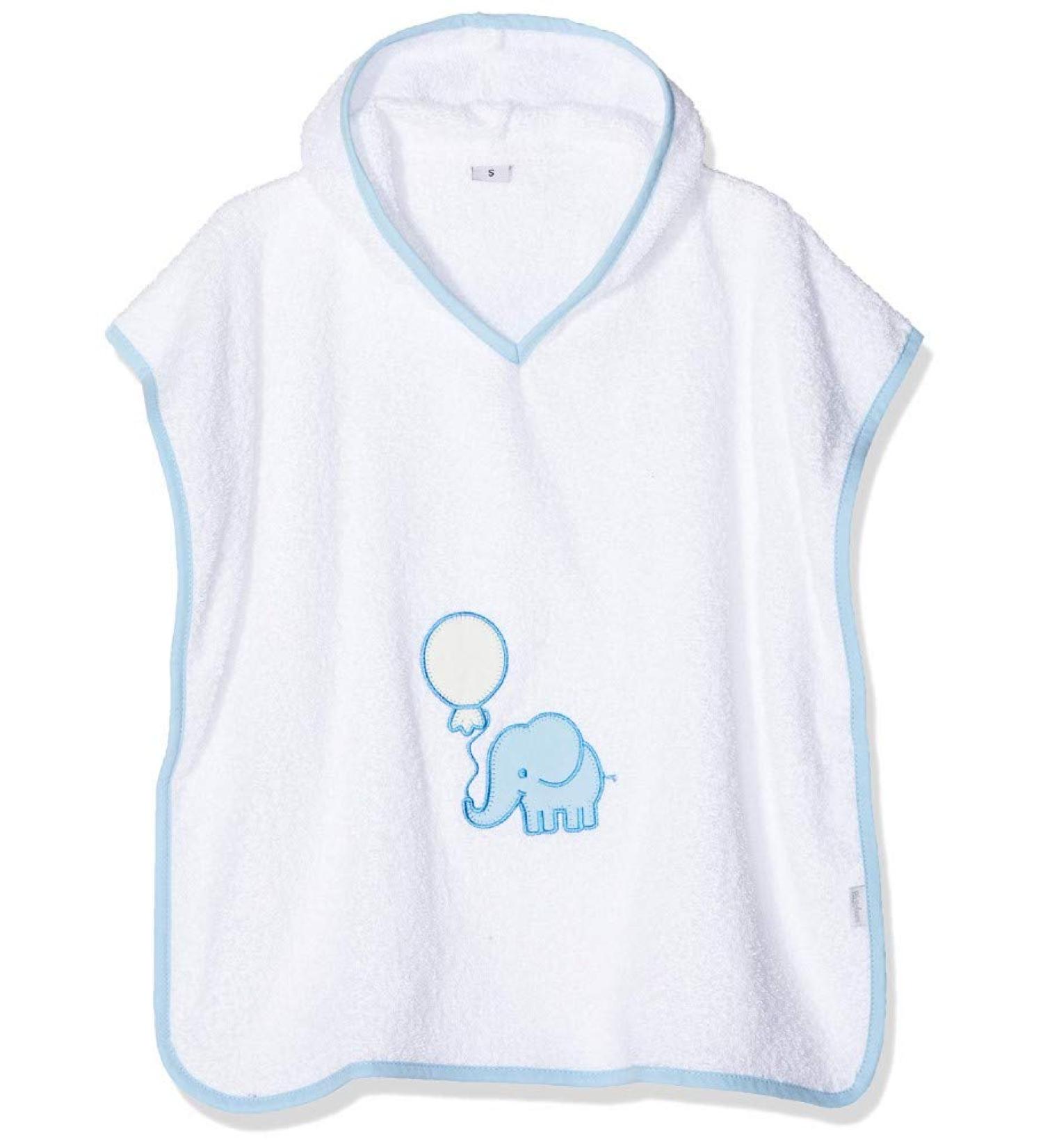 Playshoes Unisex Children's Terry Cloth Poncho Bathrobe Towel S (up to approx. 4 years) White/Blue Elephant