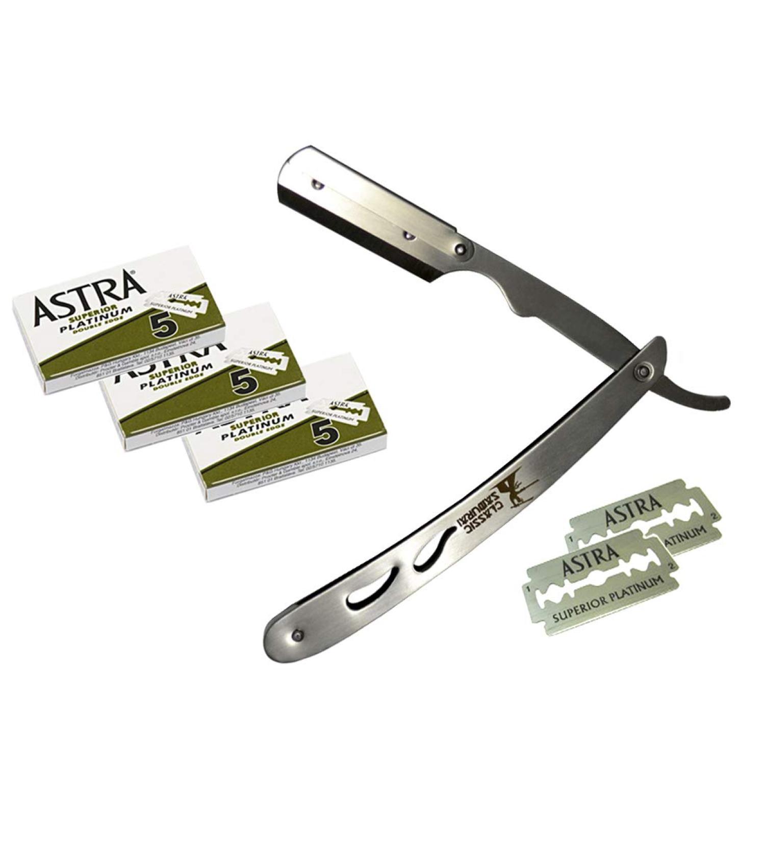 CS-102 Stainless Steel Professional Barber Straight Edge Razor | Includes 15 Astra Double Edge Blades - Best for Barbers & Shaving Enthusiasts - Buy Online on GoSupps.com