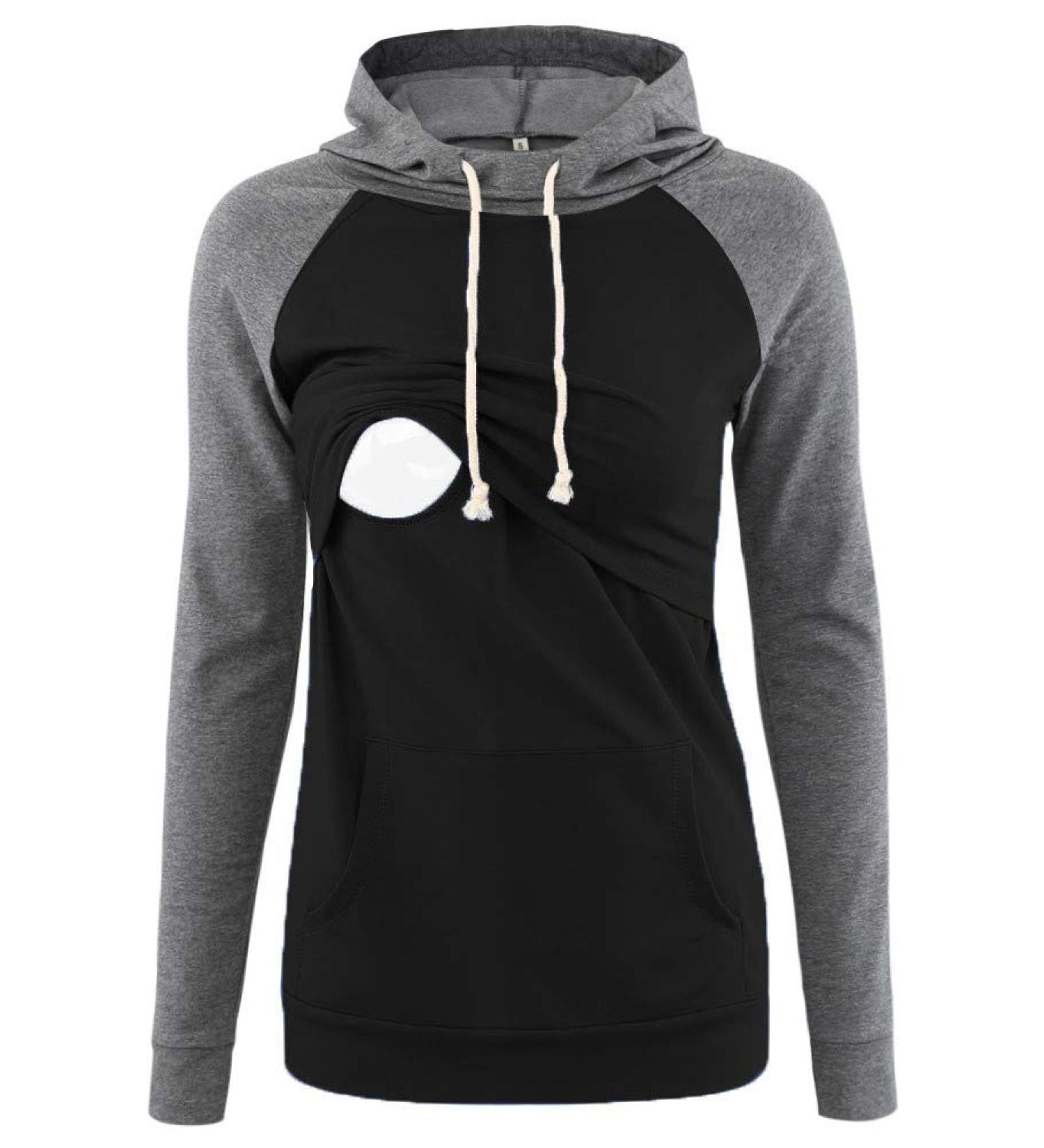 Love2Mi Maternity Nursing Hoodie - Black/Grey Sweatshirt Top for Breastfeeding - Buy Online on GoSupps.com