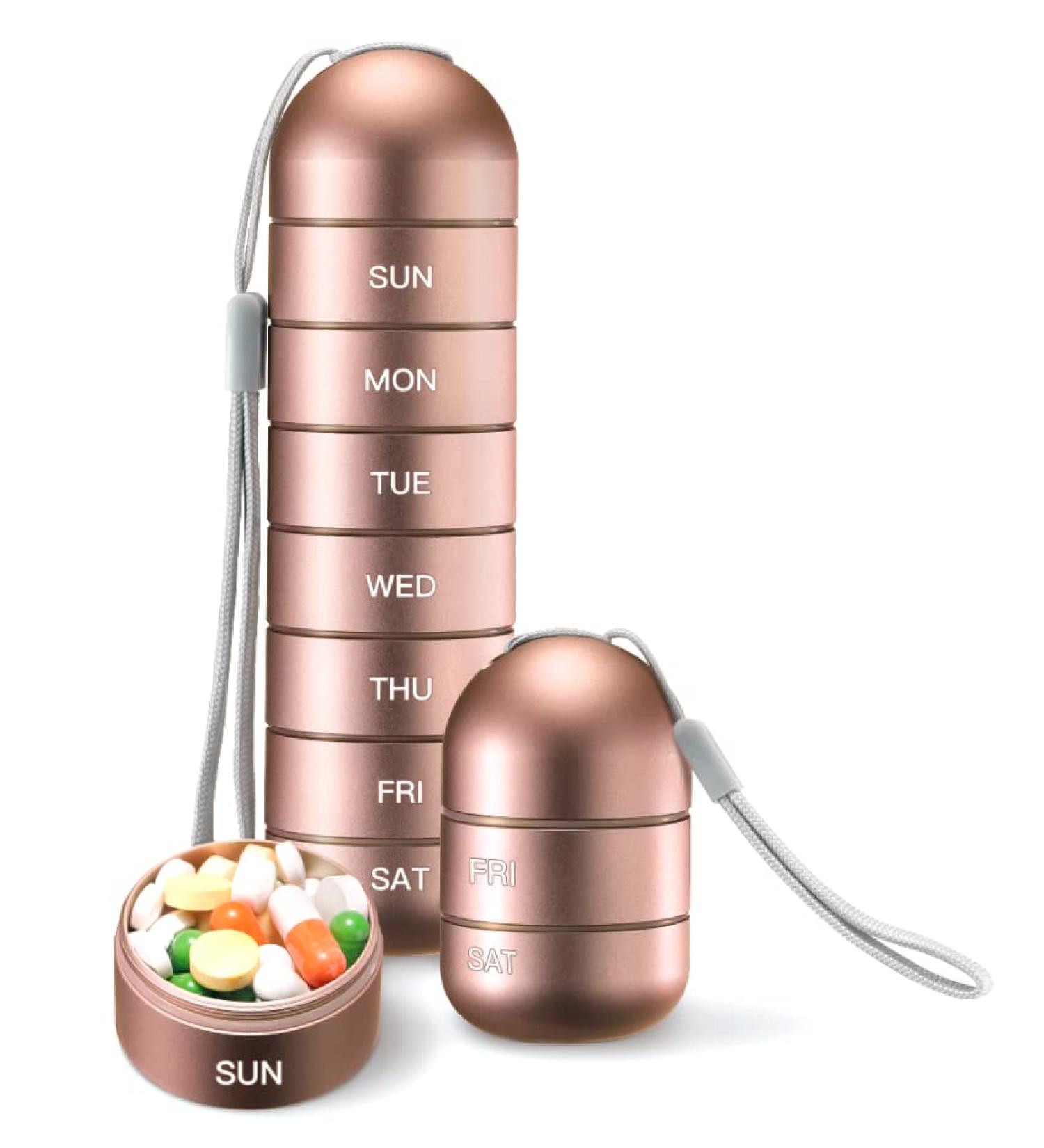 Zannaki Metal Moisture-Proof Weekly Pill Organizer | Stackable Aluminum Alloy, BPA-Free | 7 Day Pill Box Case for Travel, Hiking | Waterproof, Large Compartment for Pills, Vitamins, Fish Oil - Champagne - Buy Online on GoSupps.com