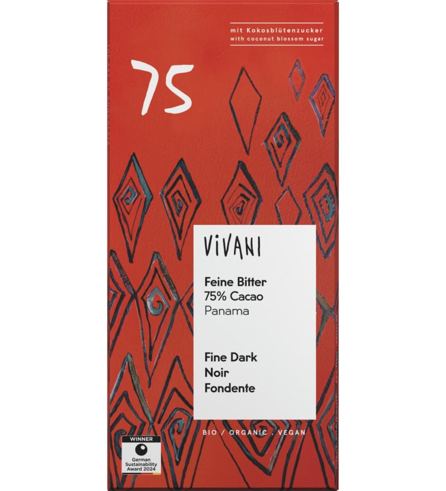 Vivani Fine Bitter 75 % Cacao Panama 6 x 80 g