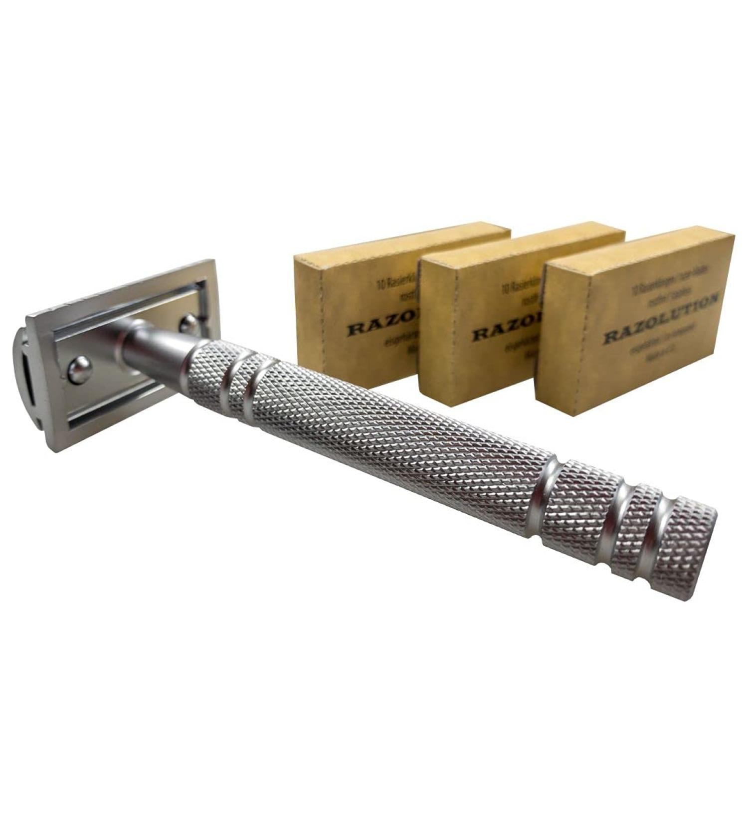 Safety razor 3-piece with 100 mm handle matt chrome-plated as a set with 30 razor blades FREE