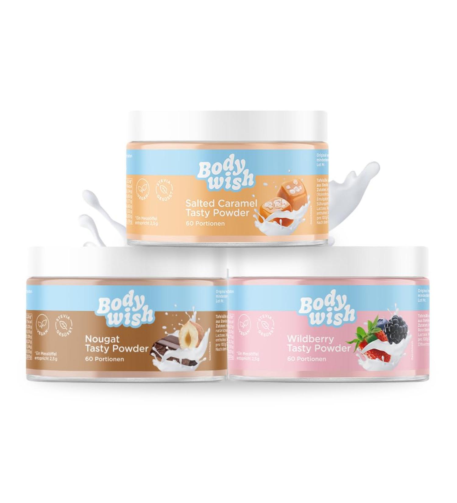 Bodywish Mixed Tasty Powder - Low-Calorie Sugar Substitute - Salted Caramel Wildberry & Nougat - 3 x 150g | Natural Flavor Enhancer for Healthier Living - Buy Online on GoSupps.com