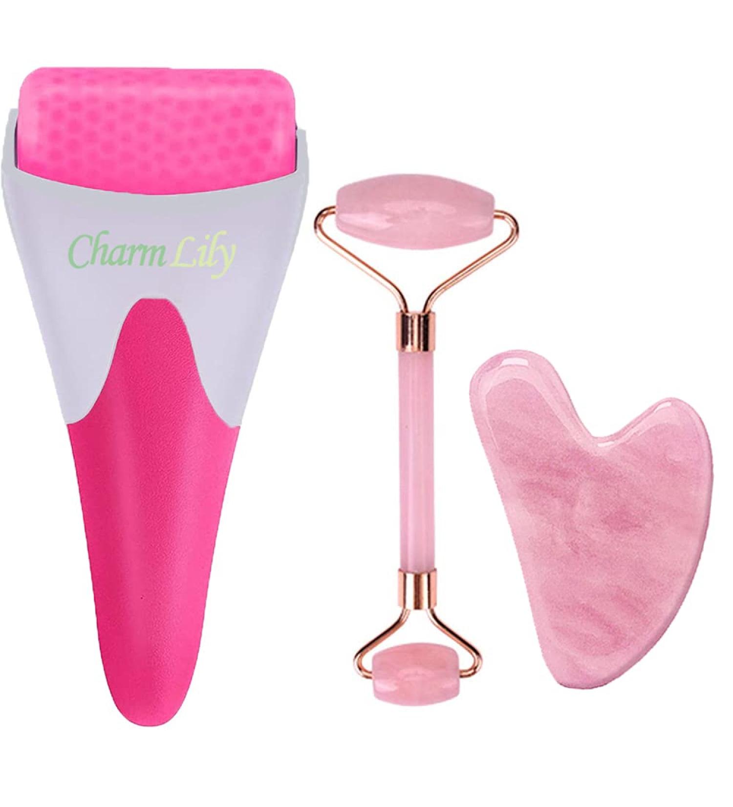 Charmlily Rose Quartz & Ice Roller + Gua Sha Set for Face & Eyes - Reduce Puffiness, Wrinkles, & Migraines, Pain Relief for Neck & Body - Cold Facial Massage Tool with Natural Stones - Buy Online on GoSupps.com