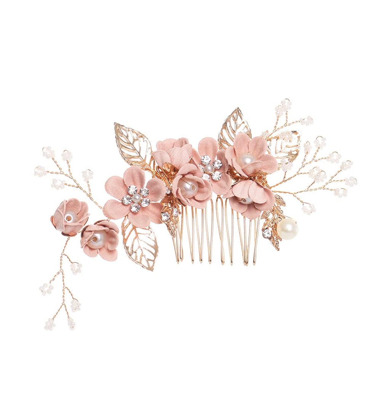 Bridal Wedding Hair Side Combs with Flowers and Pearls - Pink Bridesmaids Hair Accessory - Buy Online on GoSupps.com