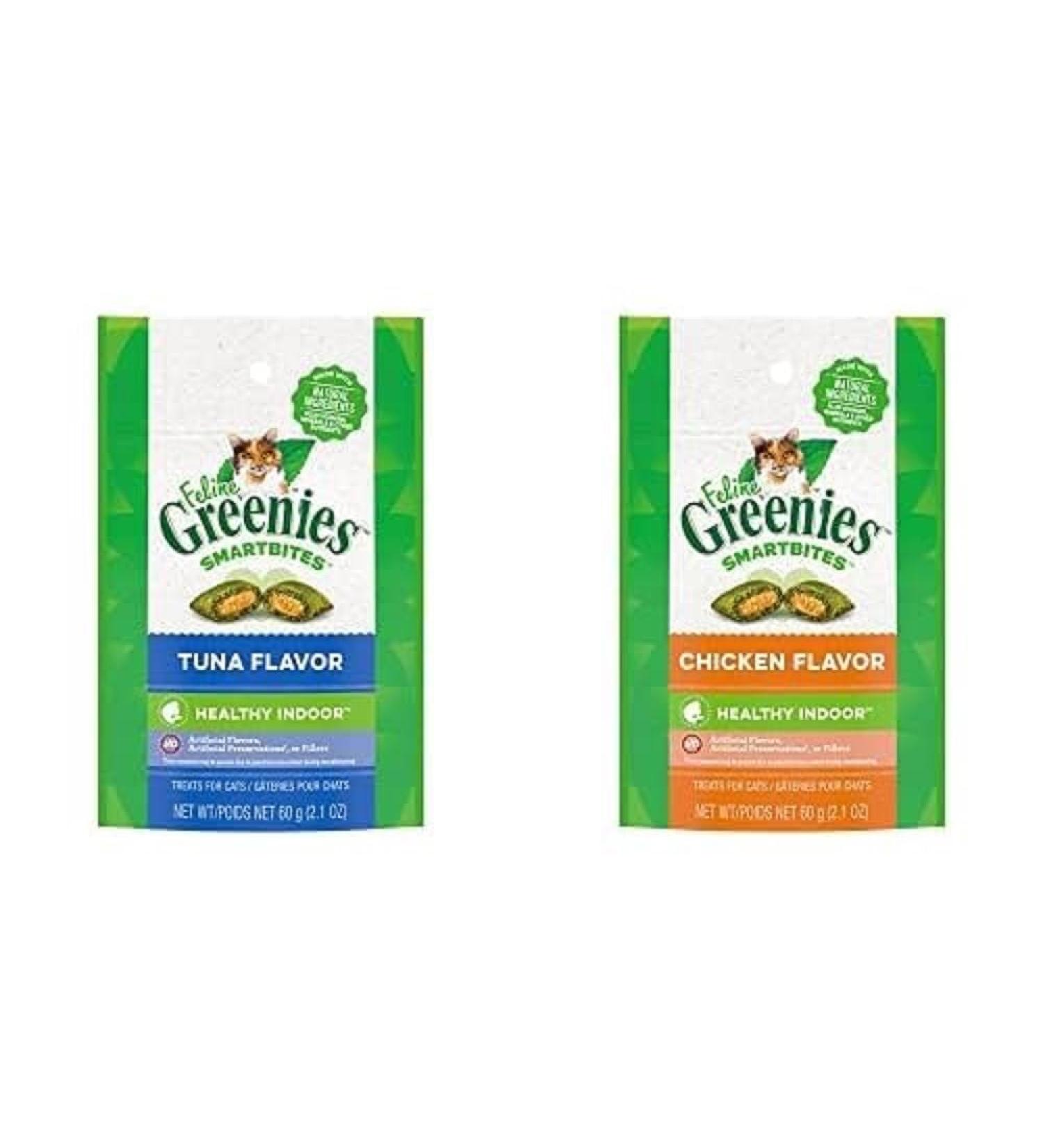 FELINE GREENIES Cat Treats SMARTBITES Healthy Indoor Natural Dental Care Tuna Flavour 2.1oz Pouch and Chicken Flavour 2.1oz Pou
