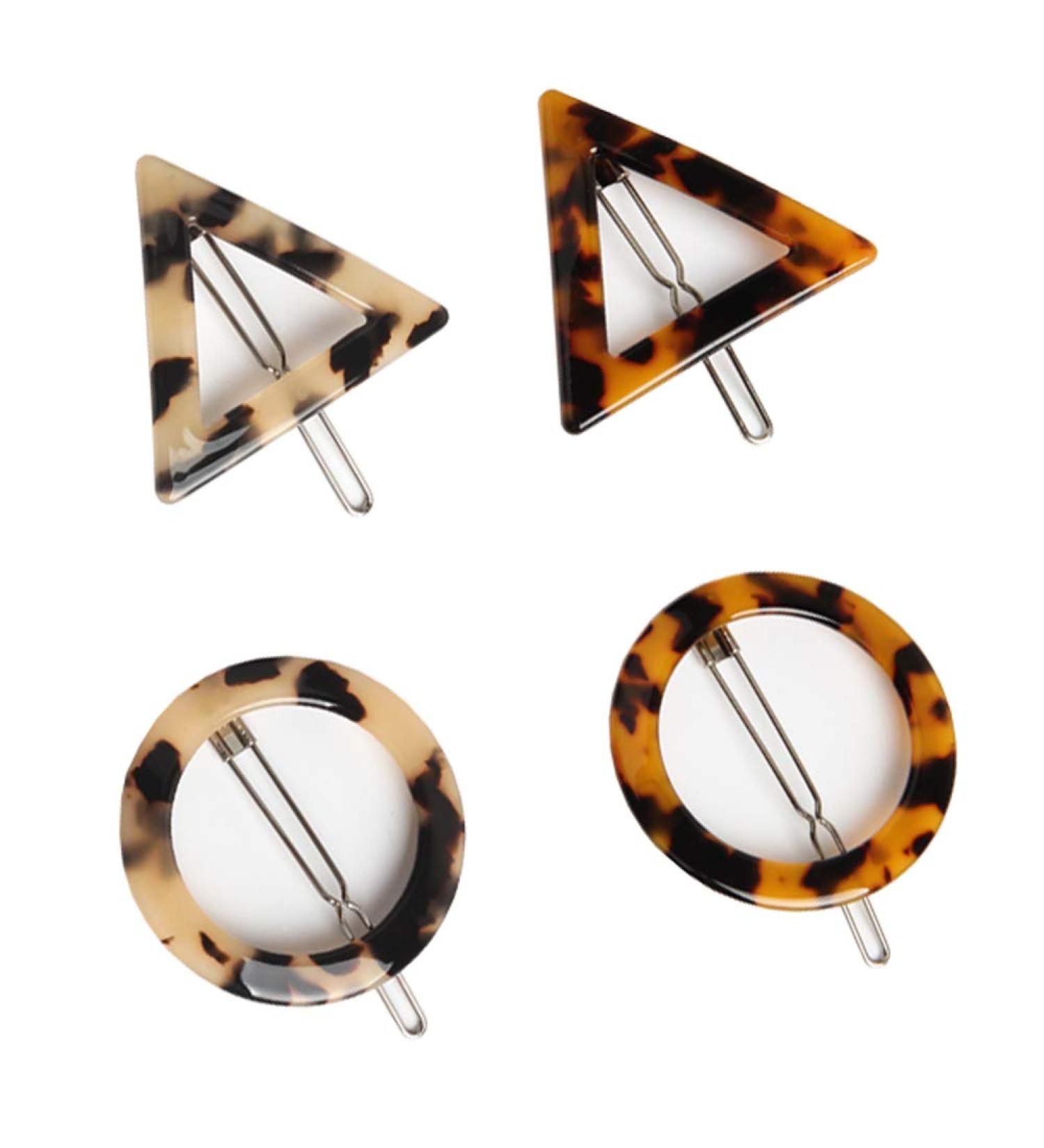 Leopard Print Acrylic Geometric Hair Clips - 2 Pairs of Triangle & Round Accessories for Fashionable Hairstyles - Buy Online on GoSupps.com