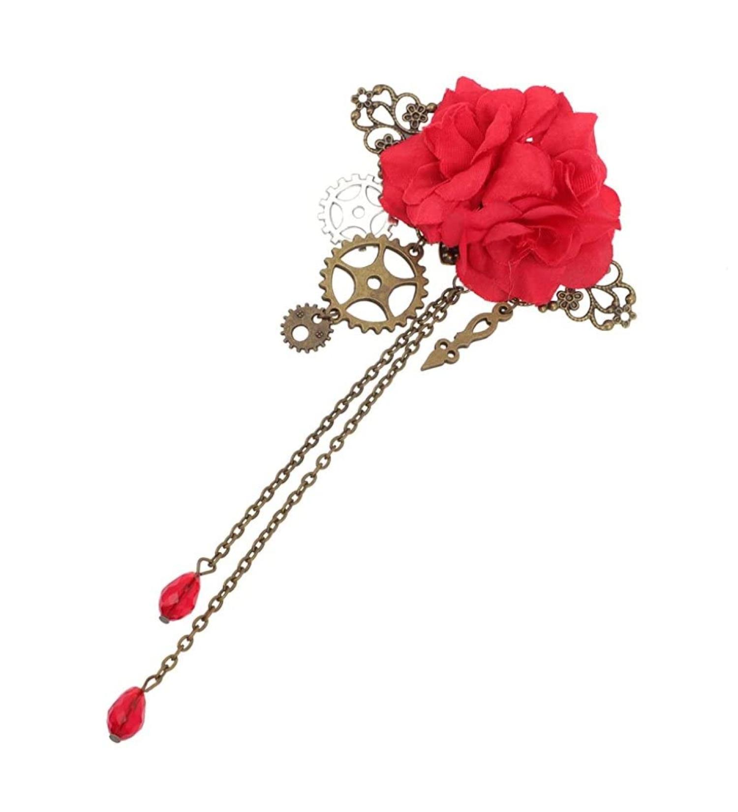 Halloween Hair Decorations Steampunk Hair Clips with Tassels Chain Rose Flower Hair Clip Vintage Halloween Headdress Goth Gothic Hair Accessories for Women Girls Black Red - Buy Online on GoSupps.com