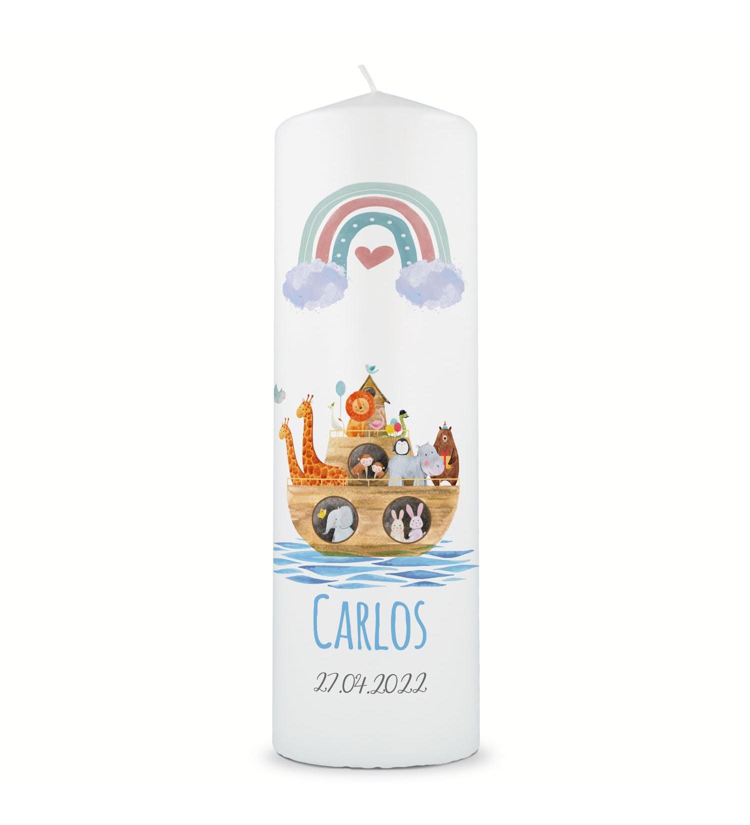 Personalized Gravure Printed Baptism Candle | Ark Rainbow Design | High-Quality Christening Gift for Boys & Girls | 250/80 mm Blue - Buy Online on GoSupps.com