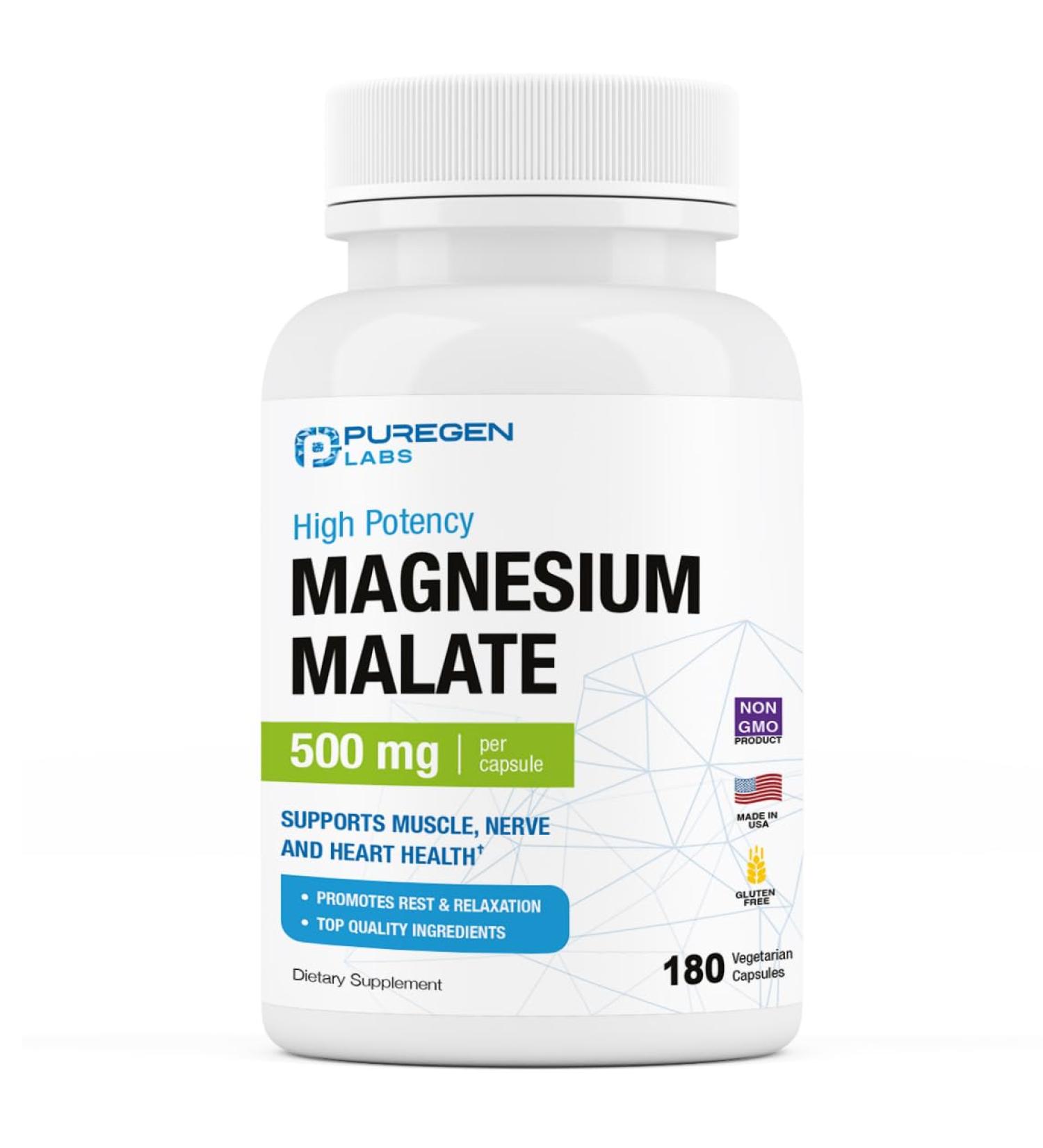 Puregen Labs Magnesium Malate 500mg | High Potency Elemental Magnesium | 180 Veggie Caps Superior Absorption Non-GMO NO Gluten and Dairy Supports Muscle Joint and Heart Health - Buy Online on GoSupps.com