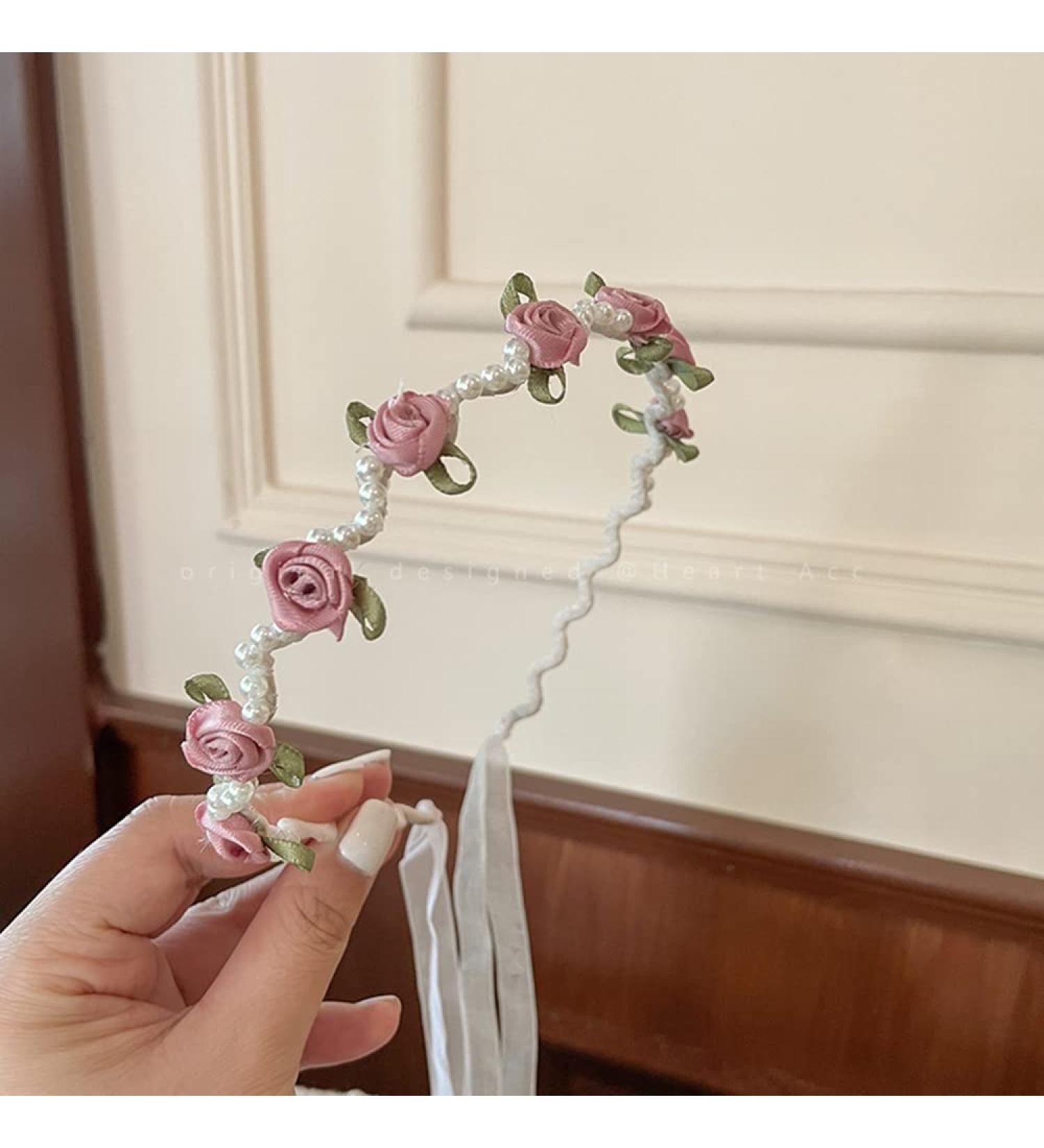 Headband Hair Accessories for Women Girls Fashion Flower Girl Headbandswith Tassels Hairband Flower Headwear with Pearl Beads Pink pearl&flower-pink - Buy Online on GoSupps.com