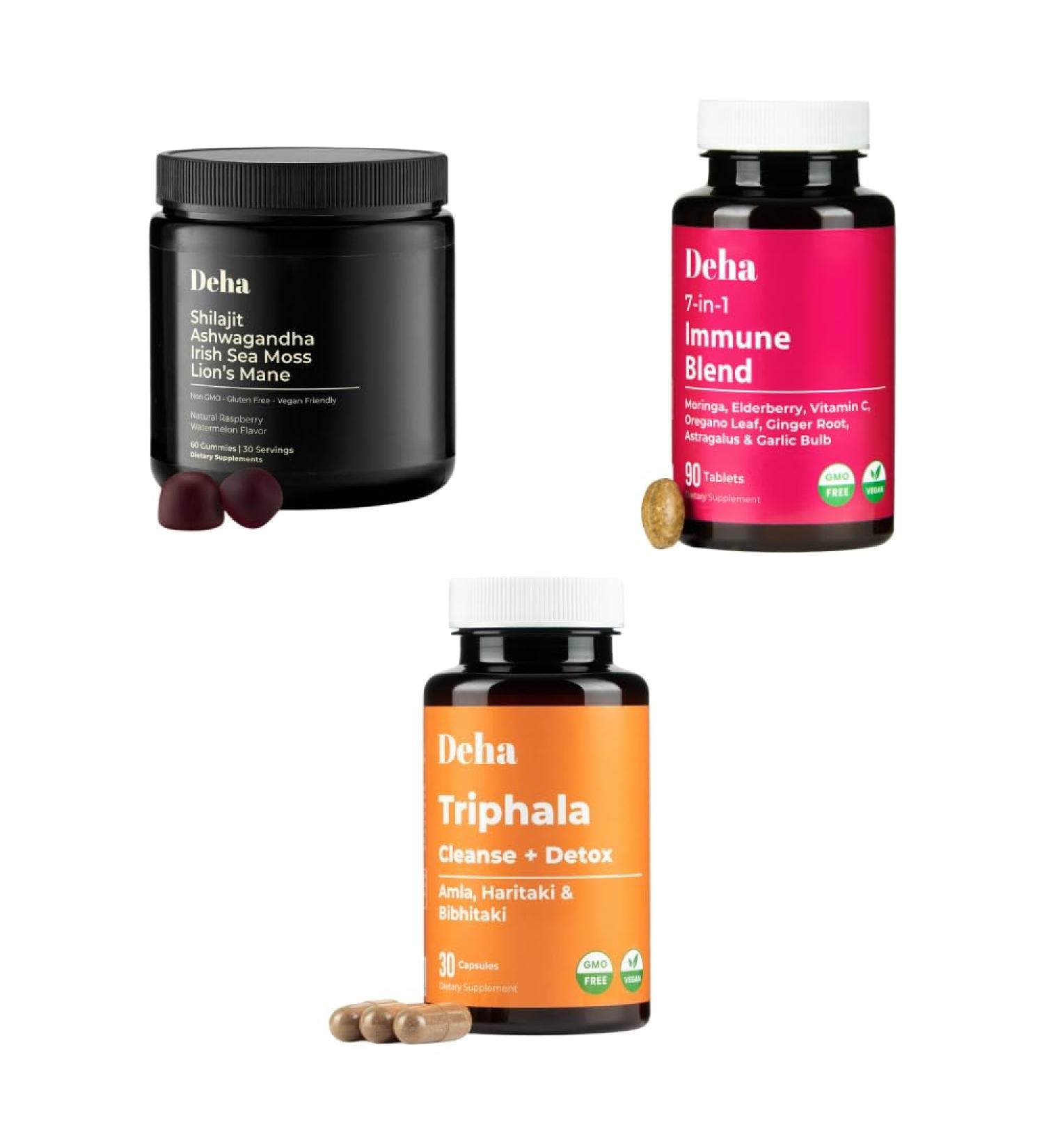 Deha Complete Wellness Bundle Shilajit Gummies 7-in-1 Immune Support Tablets Triphala Digestive Cleanse Energy Immunity Gut Health Ashwagandha Sea Moss Vitamin C Amla Non-GMO Vegan - Buy Online on GoSupps.com