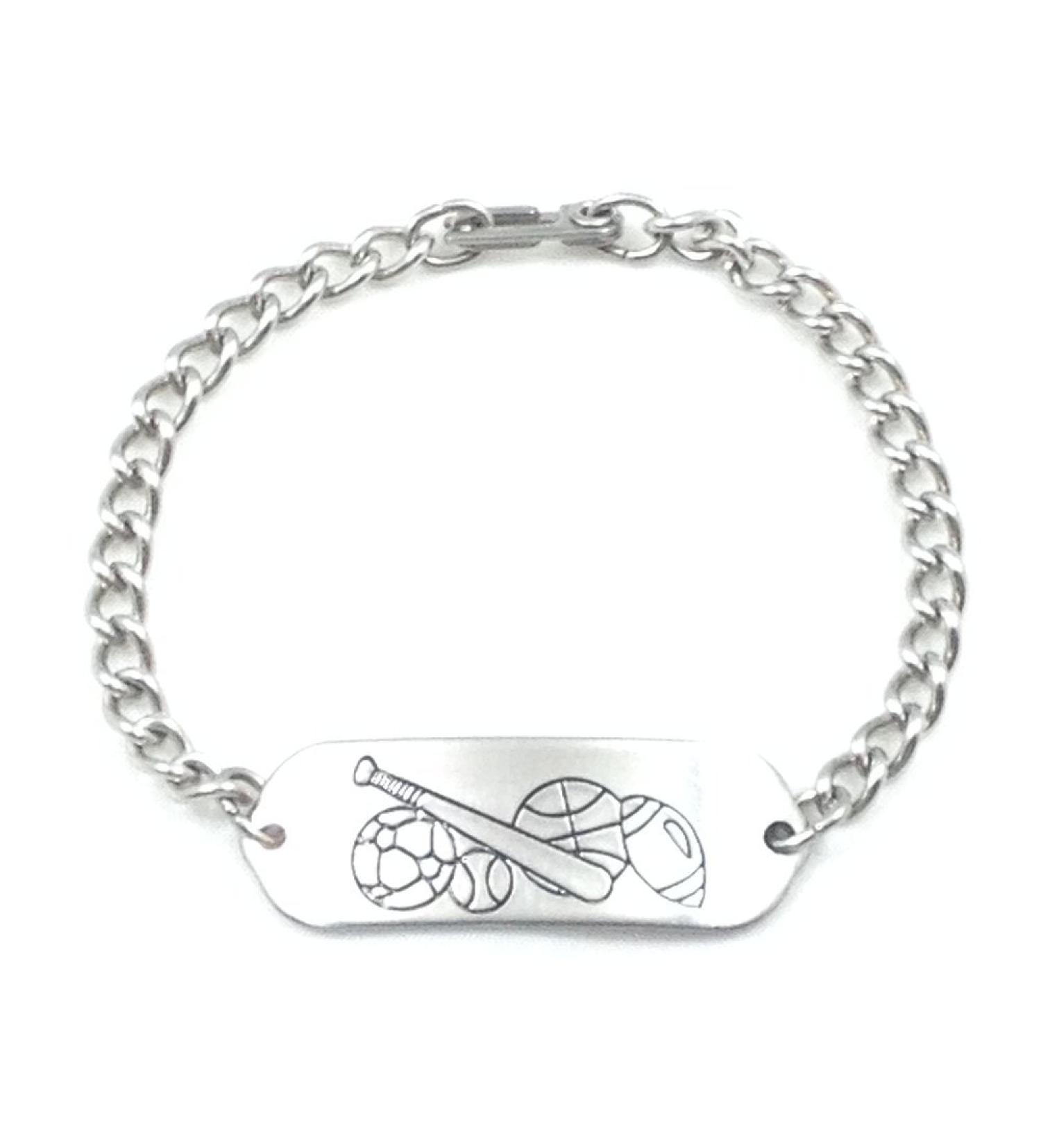 Sports ID Bracelet IDB-08SH - with Sister Hook Clasp - Stainless Steel - Personalized Engraving - Customized Bracelet Length - Child Youth or Adult