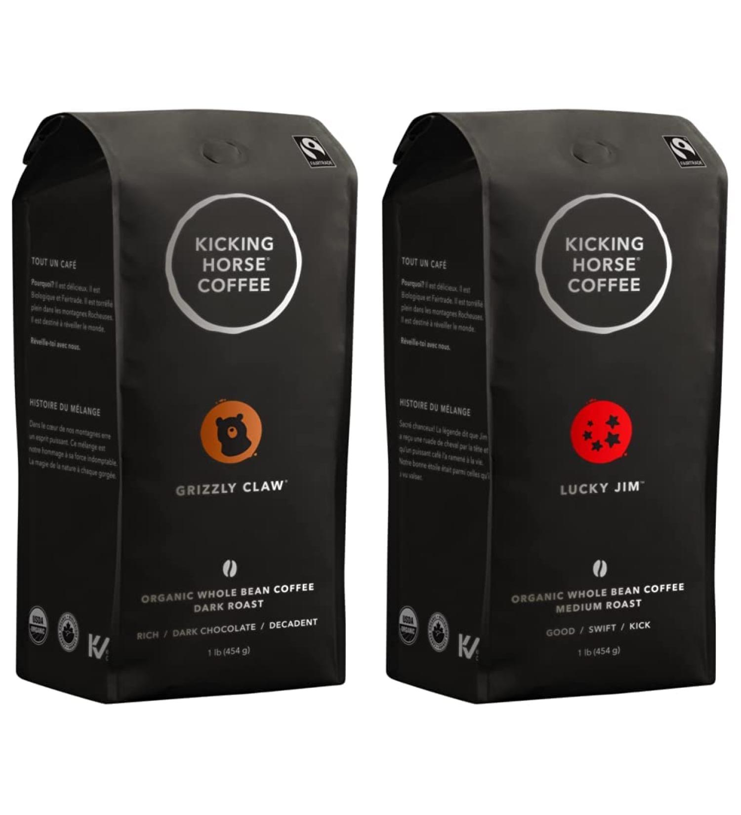 Kicking Horse Coffee Grizzly Claw Dark Roast Whole Bean 1 lb - Fairtrade Kosher Coffee & Lucky Jim Medium Roast Whole Bean 1 lb - Certified Organic Fairtrade Kosher Coffee 454 g (Pack of 1) Grizzly Claw - Dark Roast 454 g (Pack of 1) Horse Coffee + Kosher - Buy Online on GoSupps.com