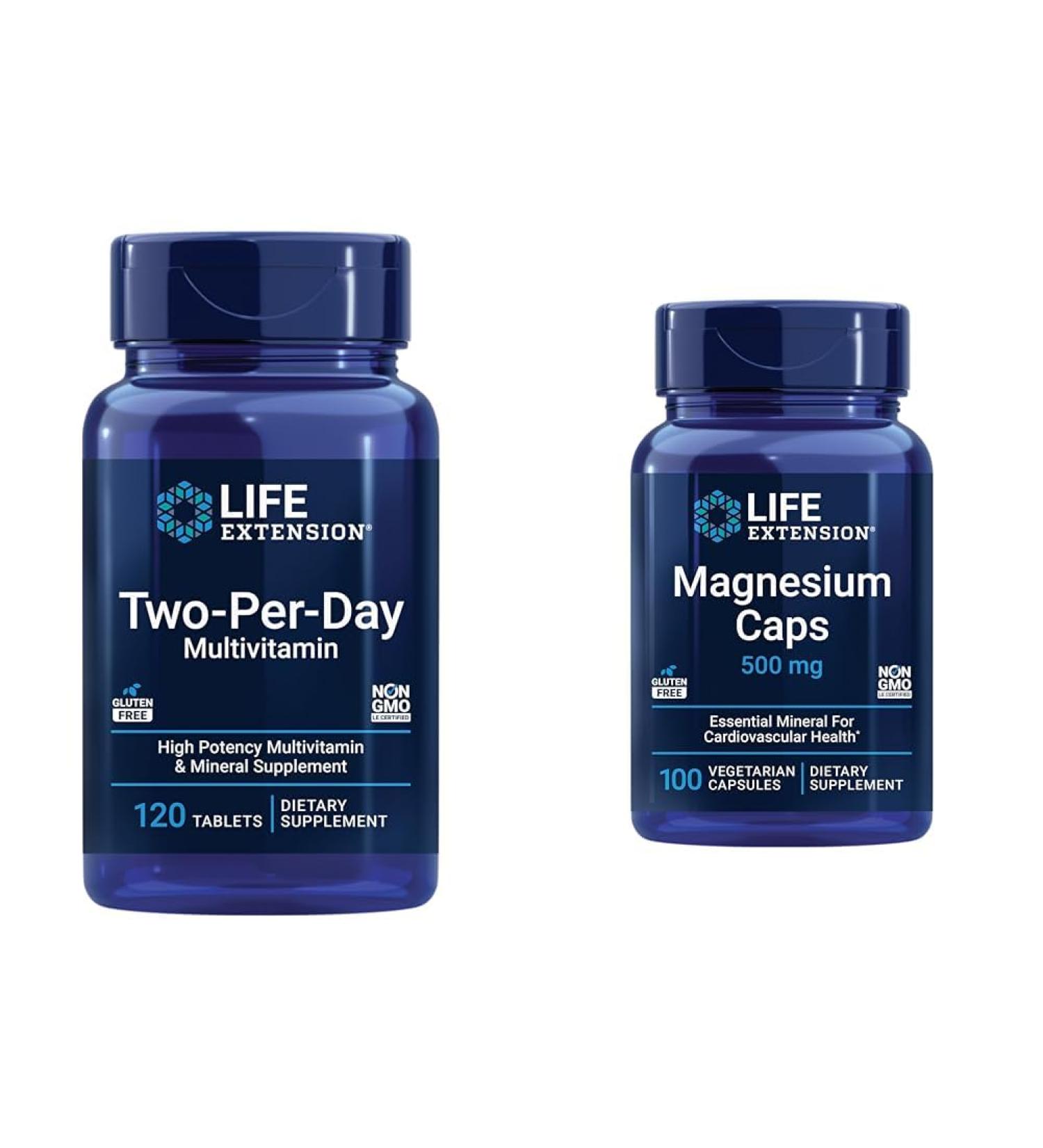 Life Extension Two-Per-Day High Potency Multi-Vitamin & Mineral Supplement & Magnesium Caps 500 mg Magnesium Oxide Citrate Succinate Unflavored + Magnesium Caps 120 Count-Tablet - Buy Online on GoSupps.com