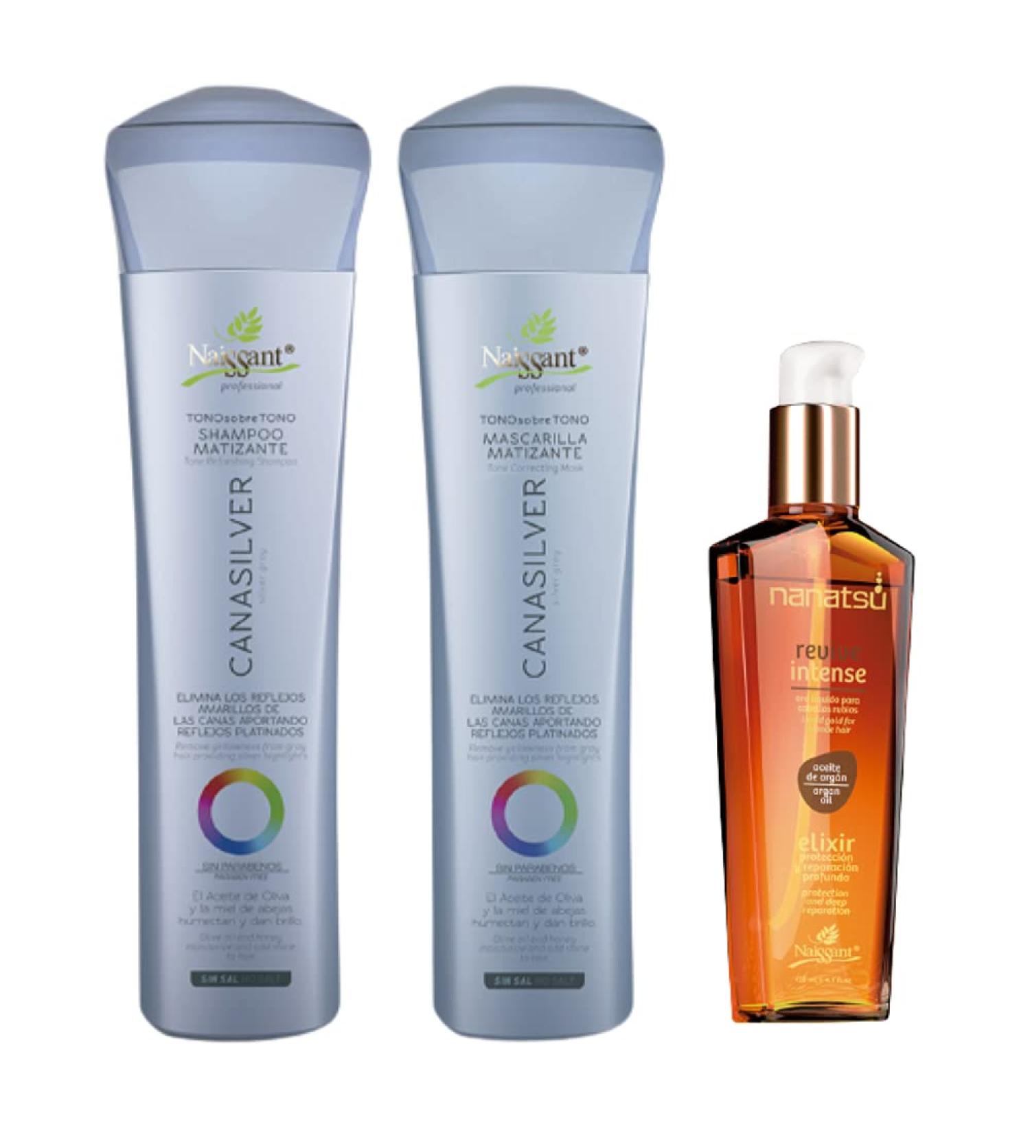 Naissant Set No Yellow Shampoo, Treatment Mask, and Argan Oil for Blonde Hair - Color Care Intensifier and Damage Repair - Salt and Paraben-Free (Silver Gray Cana Silver) - Buy Online on GoSupps.com