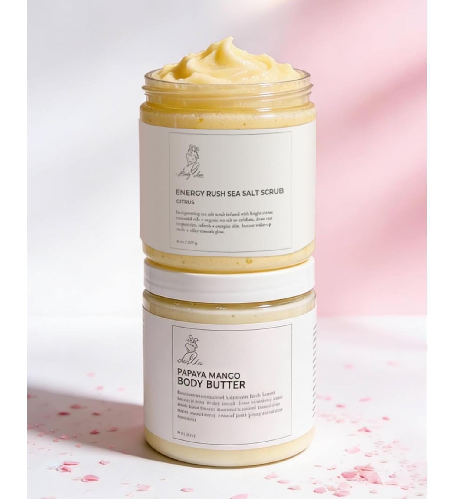 Bodyluxe Glow Energy Rush Citrus Sea Salt Scrub and Papaya Mango Body Butter Set (8 oz ea) Exfoliating Moisturizing Organic For All Skin Types Preservative Free - Buy Online on GoSupps.com