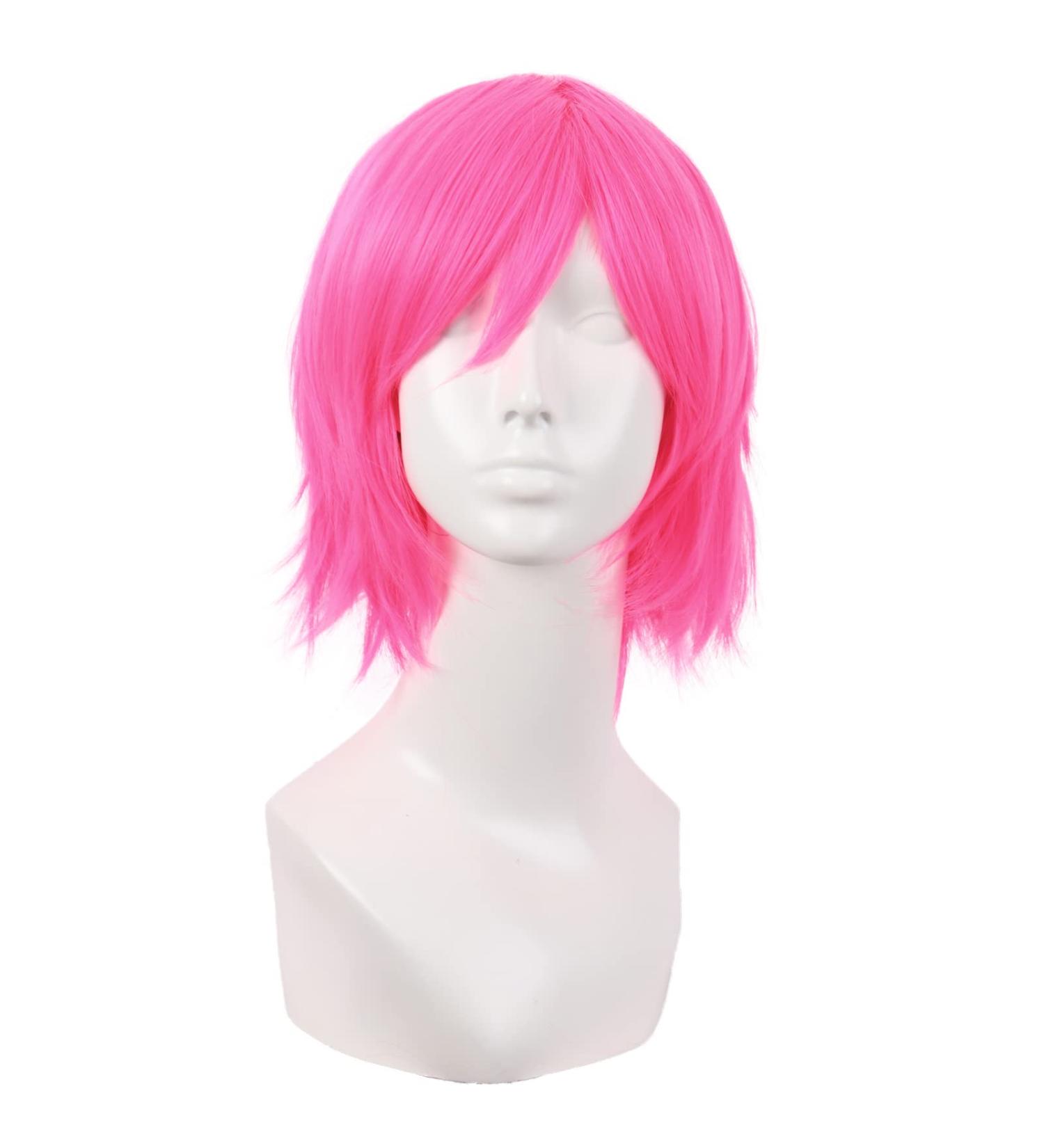 MapofBeauty Neon Pink Short Straight Fiber Wig - 12 Inch Side Bangs Cosplay Wig for Stunning Looks - Buy Online on GoSupps.com