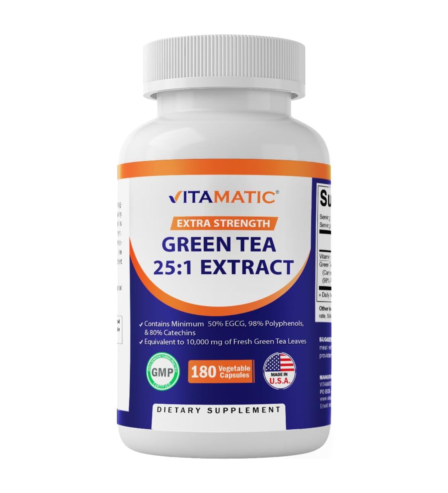 Vitamatic Green Tea Extract with Vitamin C, 25X Concentrate, 98% Polyphenols, 80% Catechins, 50% EGCG, 180 Veg Capsules - Buy Online on GoSupps.com