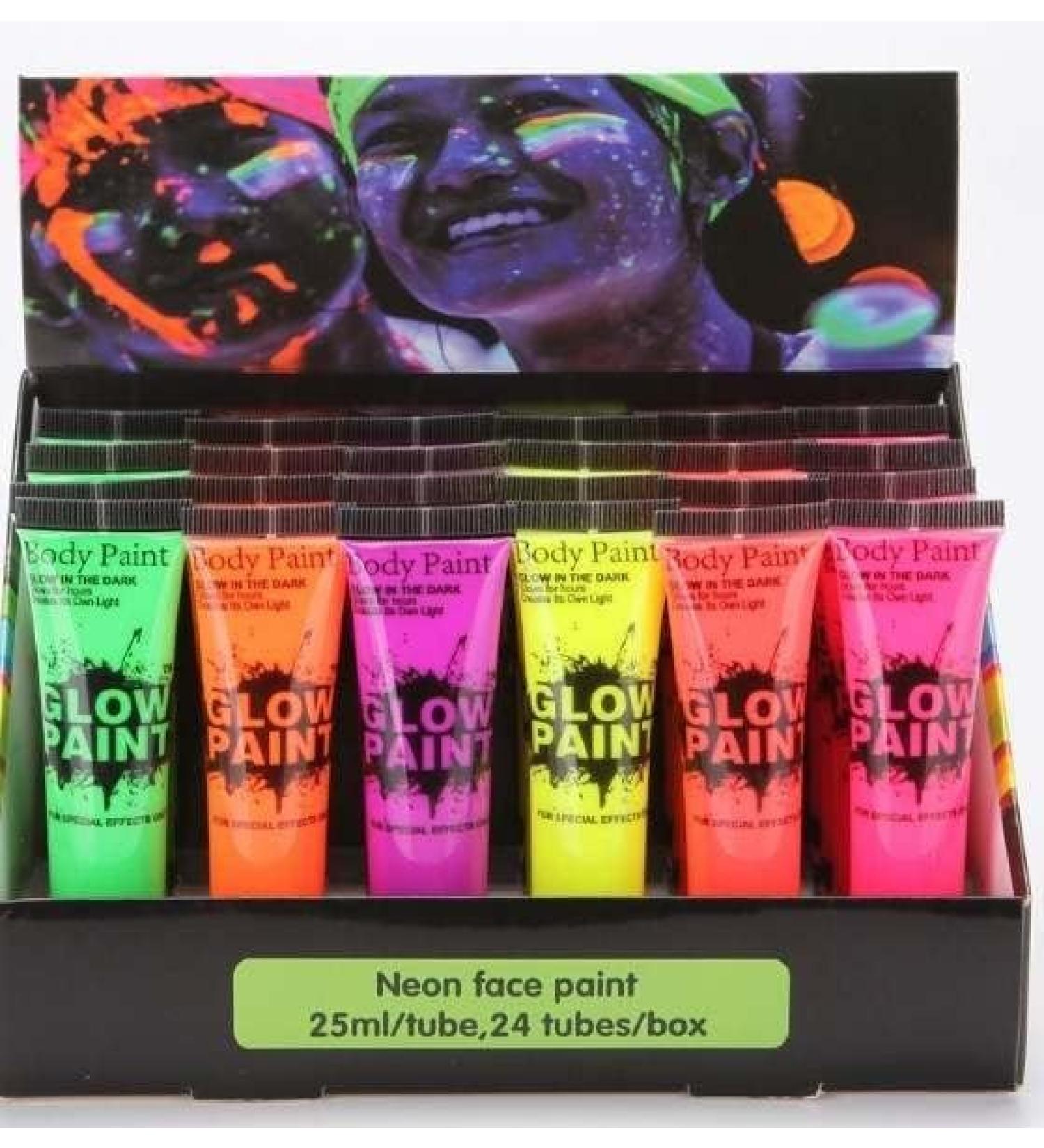 MISTER ART Glow in Dark Face Body Paint UV Blacklight Neon Fluorescent 0.34oz Set of 24 Tubes 6 colors