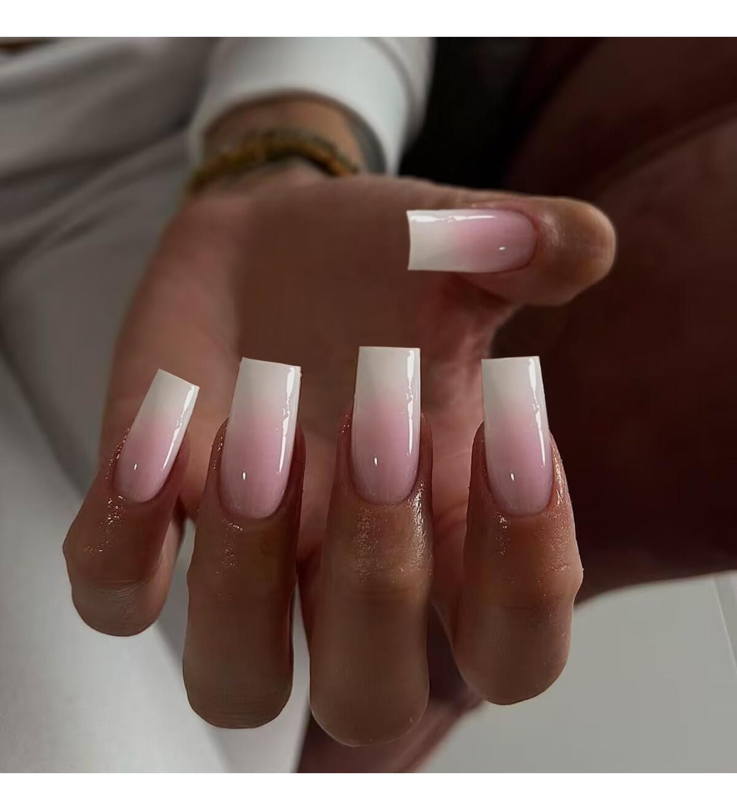 Shop KQueenest Ombre Pink Long Press On Nails | 24 Pcs Coffin & French Tips - Thick Gel Acrylic False Nails for Women - Buy Online on GoSupps.com