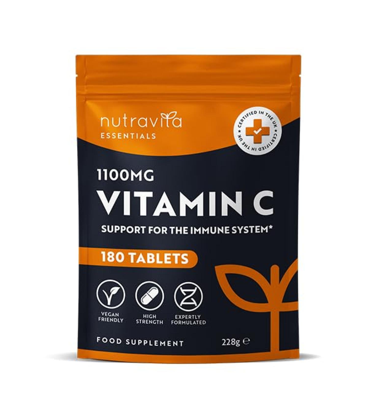 Vitamin C Tablets 1100mg 180 Premium Vegan and Vegetarian Tablets 3 Month Supply - High Strength Ascorbic Acid - Vitamin C for The Immune System - Letterbox Friendly - Made in The UK by Nutravita - Buy Online on GoSupps.com