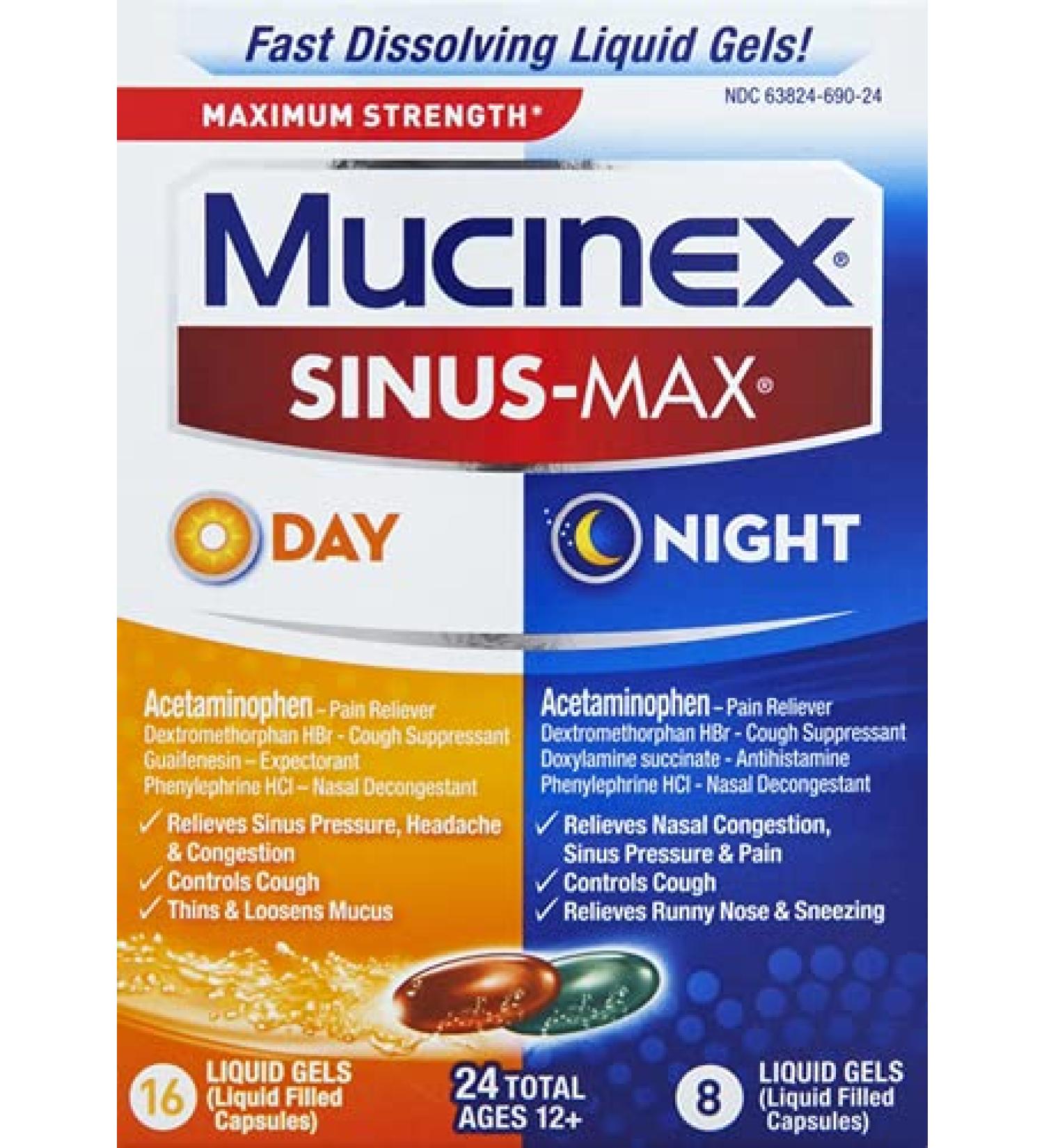 Mucinex Sinus-Max Max Strength Day & Night Liquid Gels - 24ct | Relieves Sinus Pressure, Congestion, Headaches & Runny Nose | Controls Cough & Loosens Mucus - Buy Online on GoSupps.com