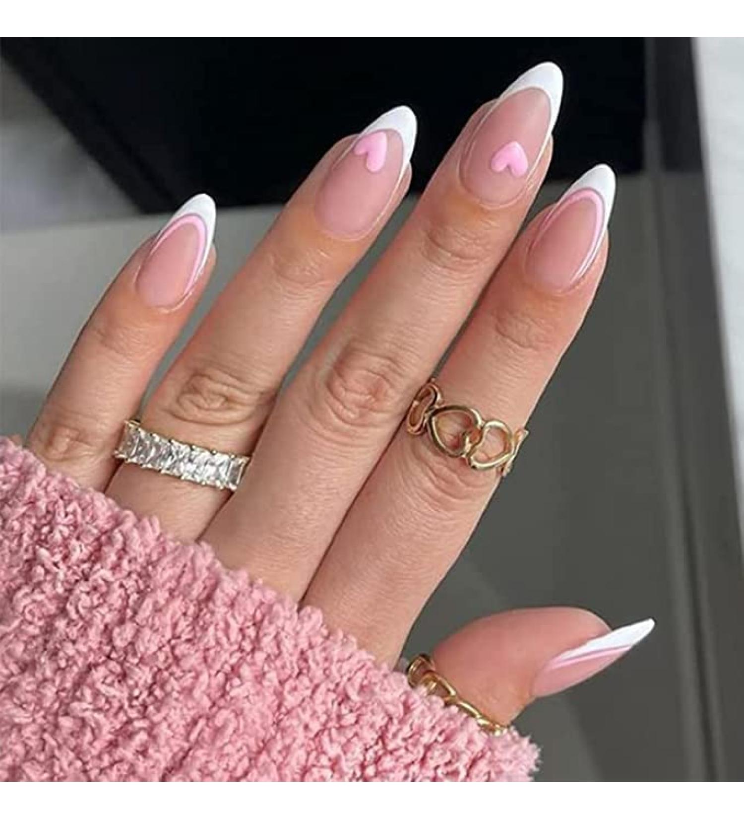 Valentine's Day False Nails Pink Heart Press on Nails Almond Stick on Nails French Short Fake Nails 24pcs for Women and Girls (Color : Pink Size : 24 Piece Assortment) - Buy Online on GoSupps.com