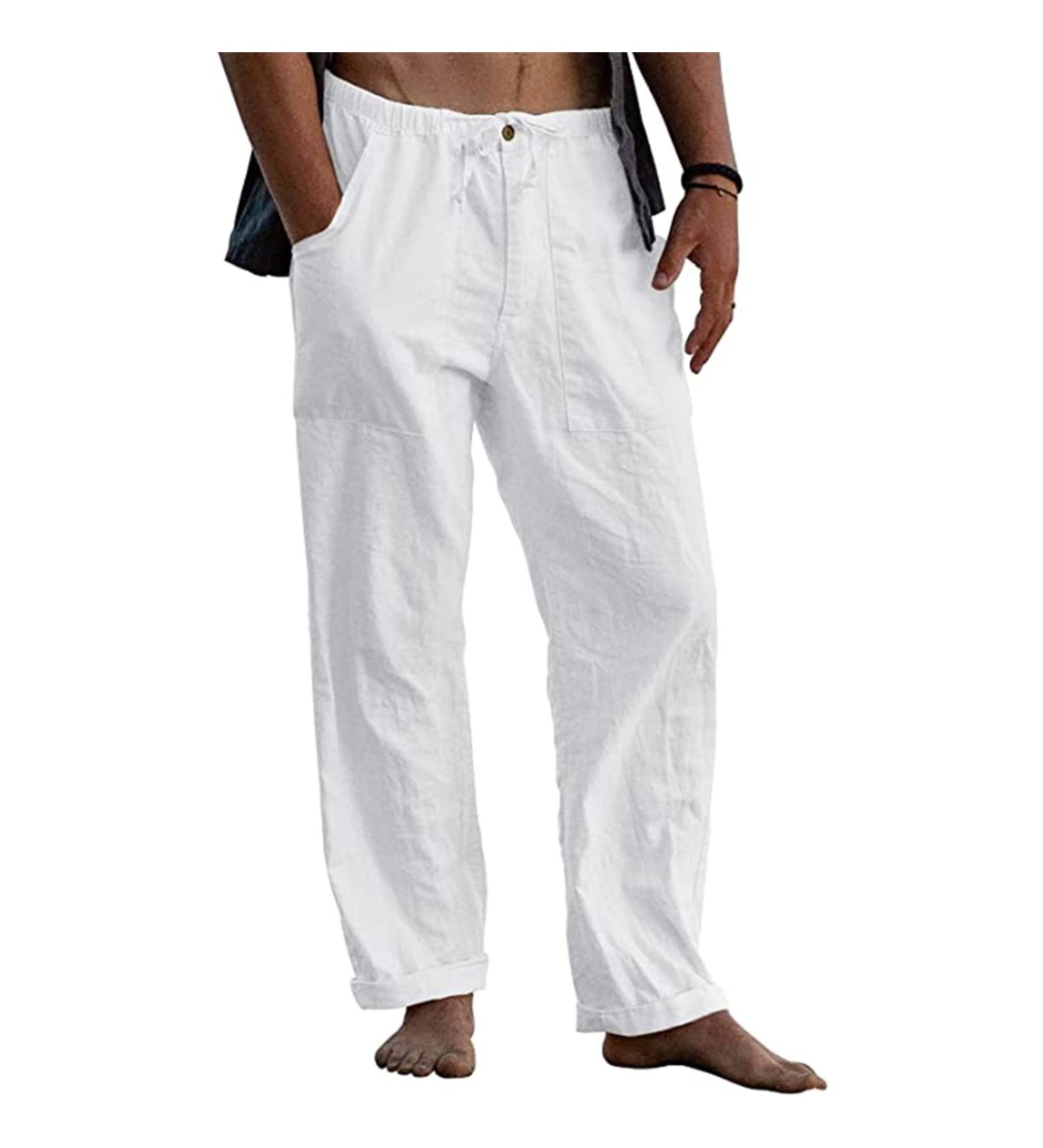 Angbater Men's Linen Summer Beach Pants - 3X-Large White | Lightweight Elastic Waist Trousers with Pockets - Buy Online on GoSupps.com