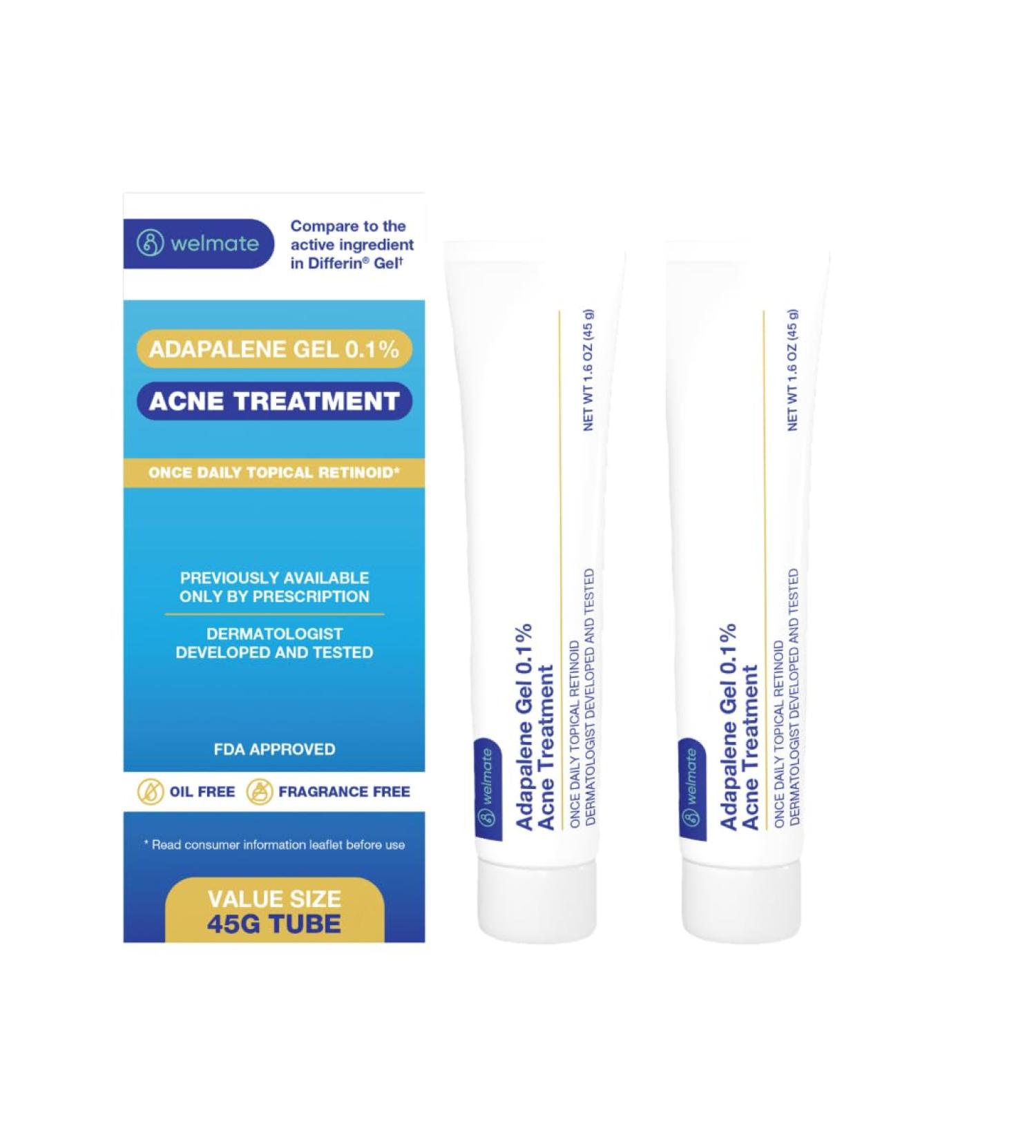 WELMATE Adapalene Gel 0.1% - FSA HSA Approved Acne Treatment - 2 Pack Daily Topical Skincare - Fragrance & Oil Free Pimple Cream - Dermatologist Tested - 1.6oz Each - Buy Online on GoSupps.com