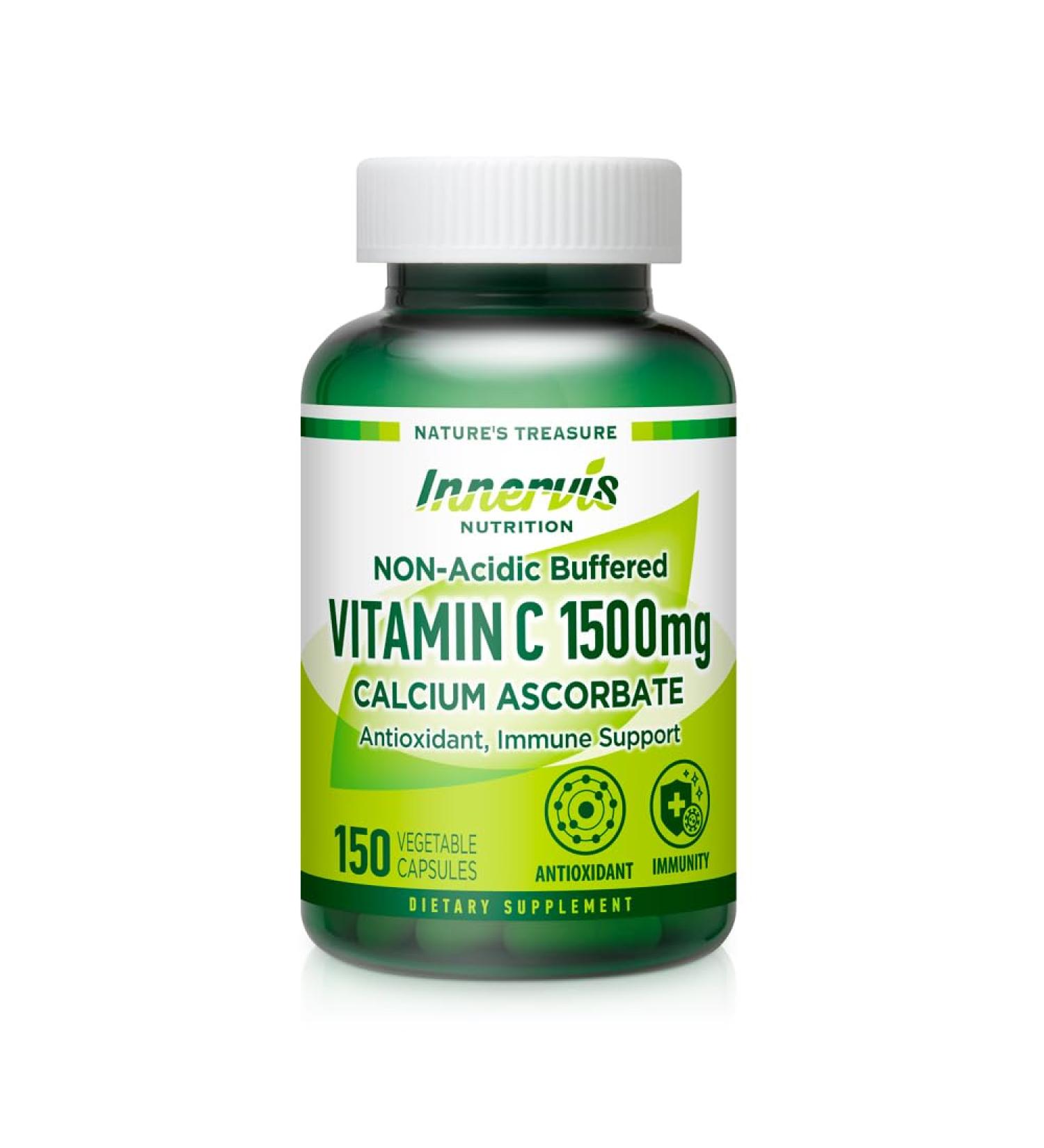 INNERVISNUTRITION Gentle Non-Acidic Vitamin C 1500mg High-Absorption Calcium Ascorbate for Immune & Antioxidant Support 150 Veggie Capsules - Buy Online on GoSupps.com