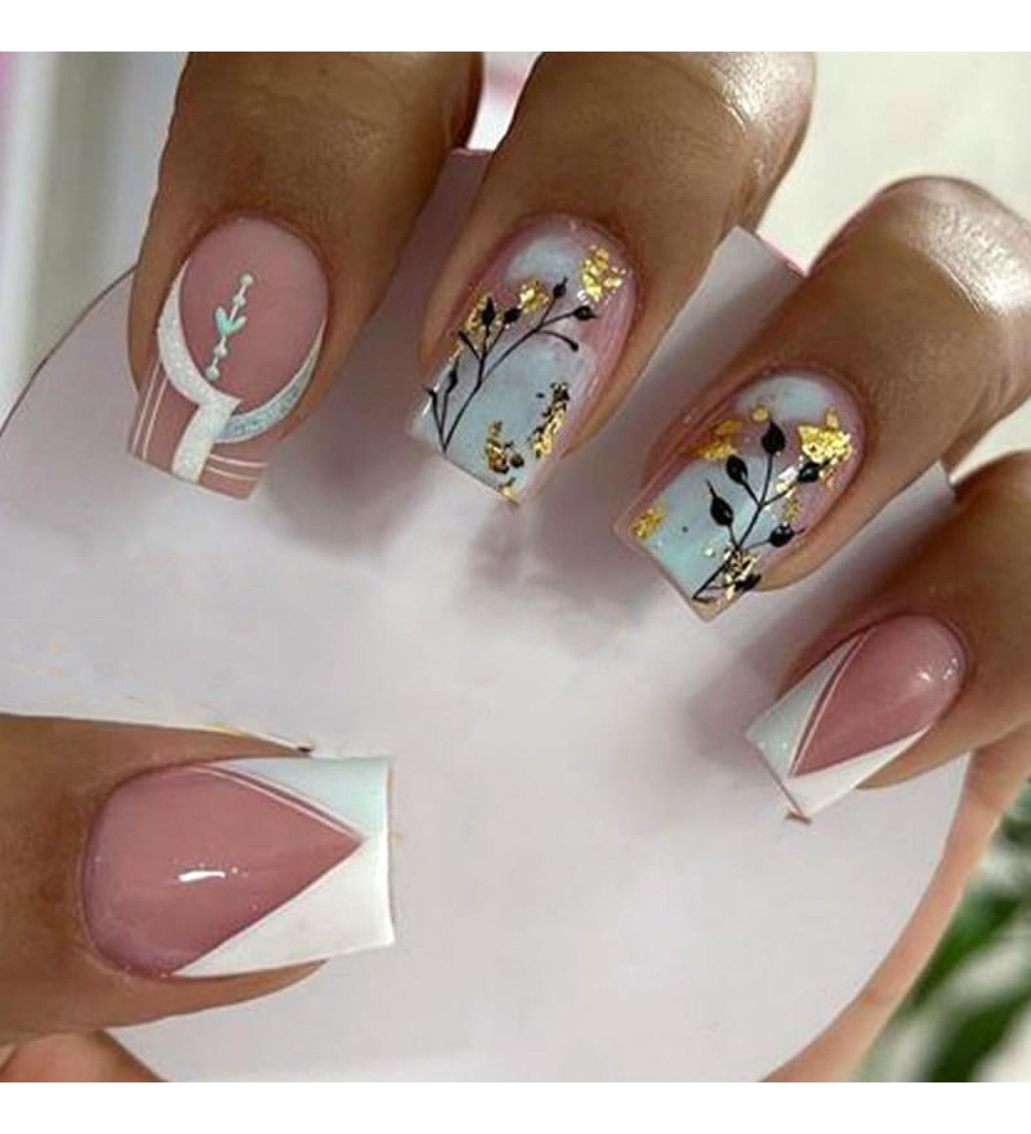 24Pcs Press on Nails Short French Tips Fake Nails Acrylic Square False Nails Summer Reusable Leaves Artificial Nails for Women and Girls - Buy Online on GoSupps.com