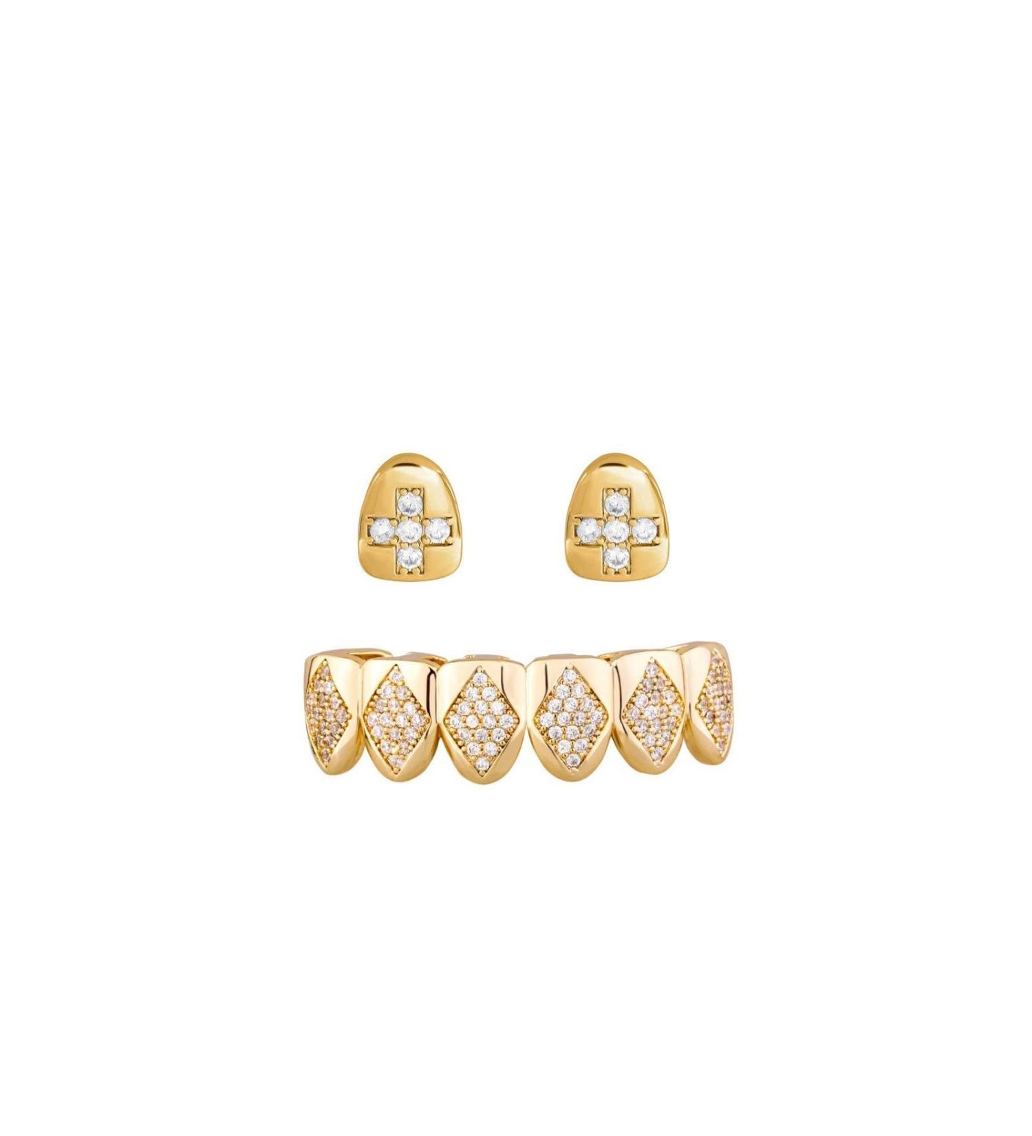 Hip Hop Gold Teeth Grillz DIY Combination Set with Iced Out Zircon Halloween Cosplay Party Tooth Rapper Gift for Women Men 003 - Buy Online on GoSupps.com