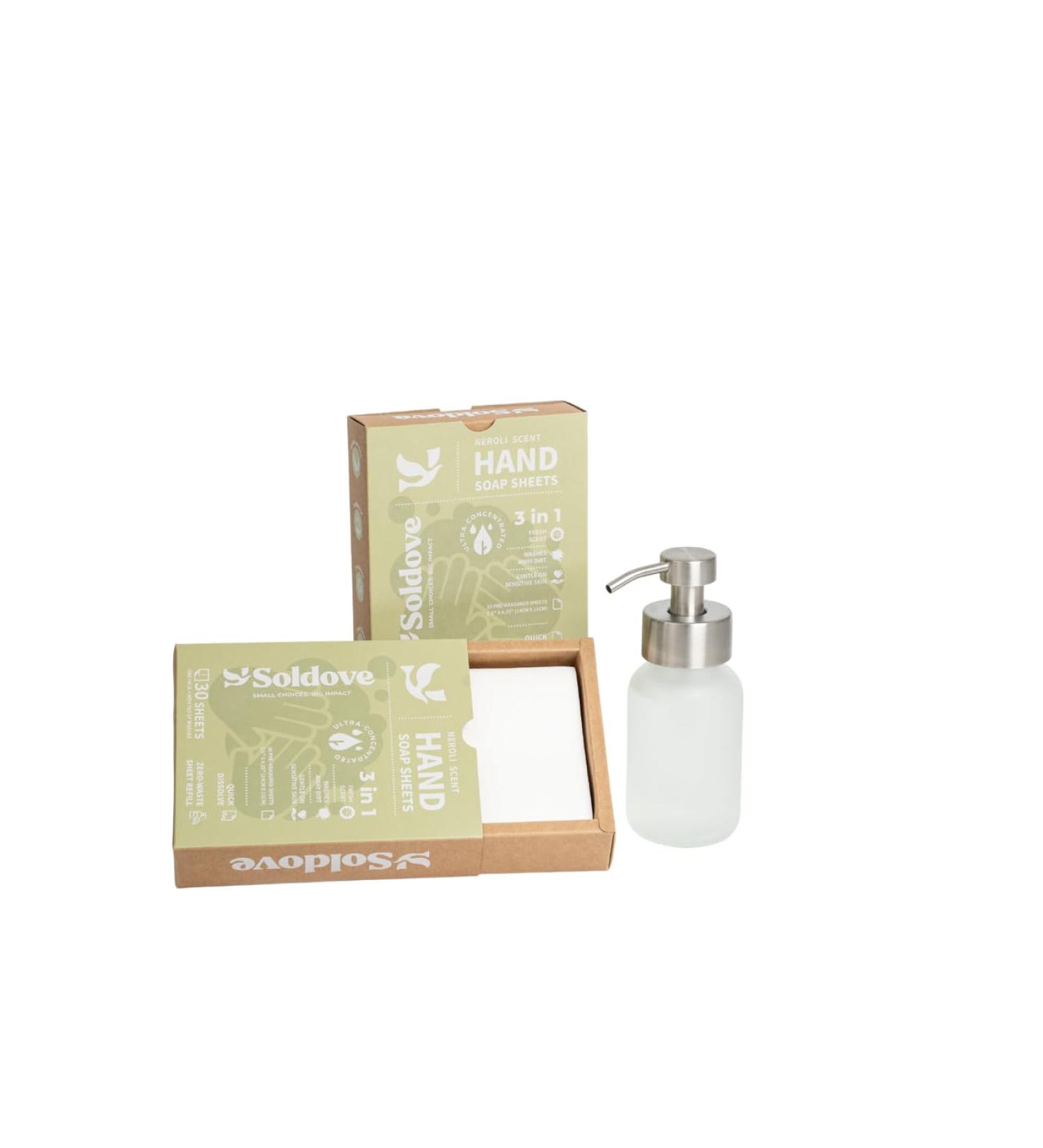SOLDOVE Hand Soap Sheet Bundle 2 Packs (60 Sheets Total) + Refillable Glass Dispenser - Buy Online on GoSupps.com