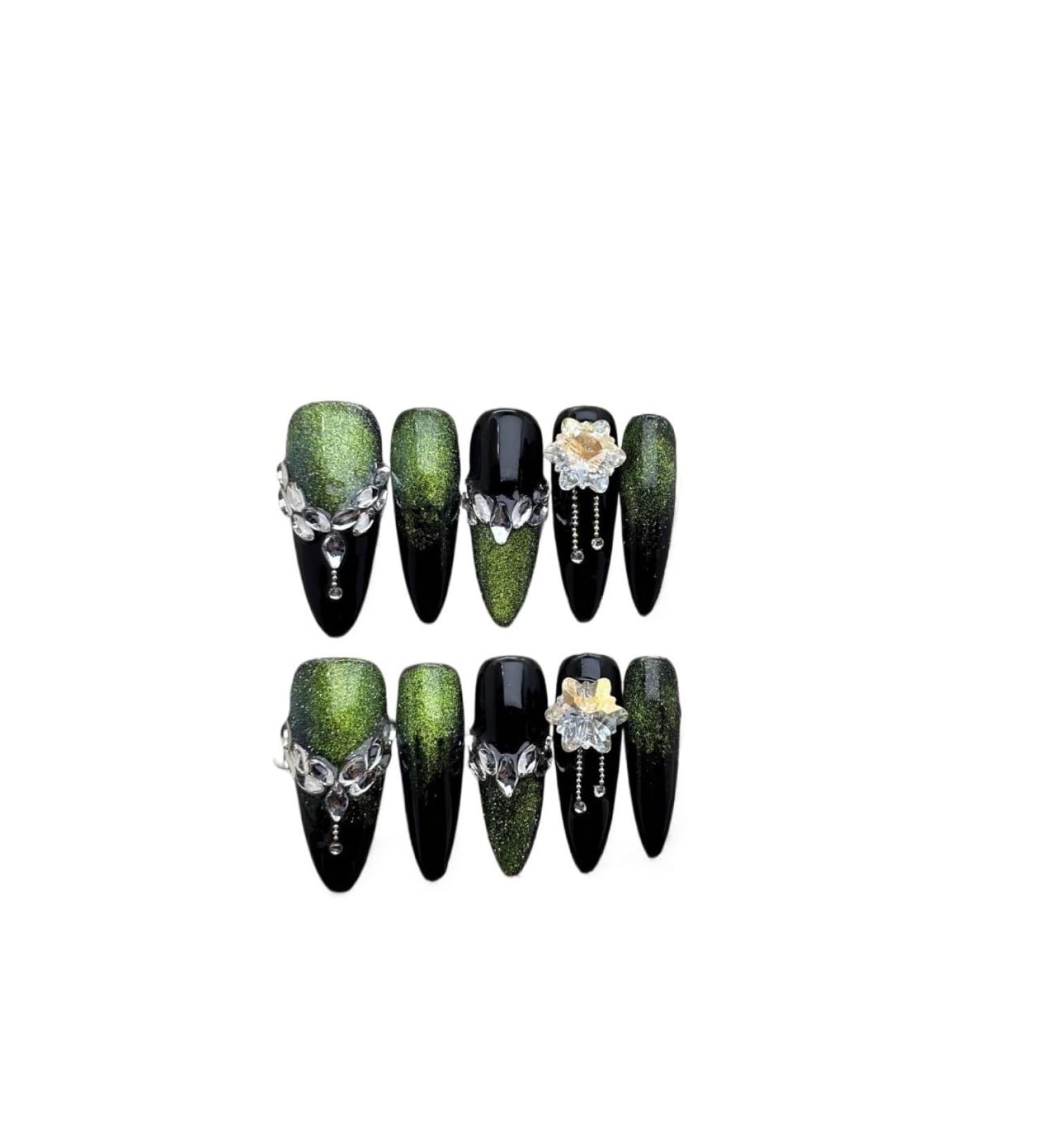 Dark green cat eye nail polish hand worn long almond shaped detachable nail patch (Size : XS)