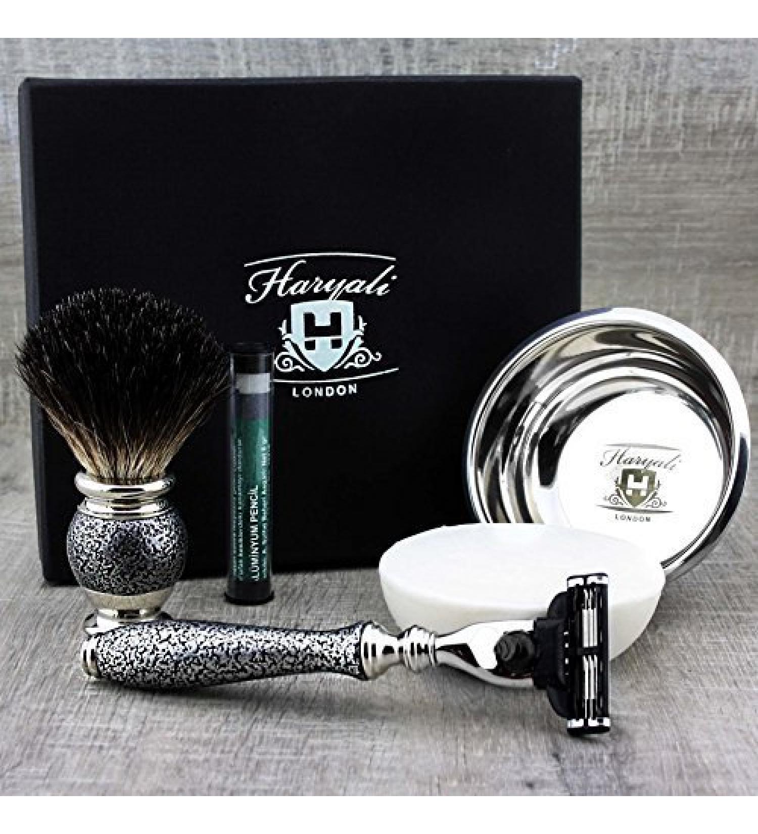 5 Pc Men's Grooming & Shaving Kit | 3 Edge Razor Black Badger Hair Brush Soap Bowl & Alum - Perfect Set for Men - Buy Online on GoSupps.com