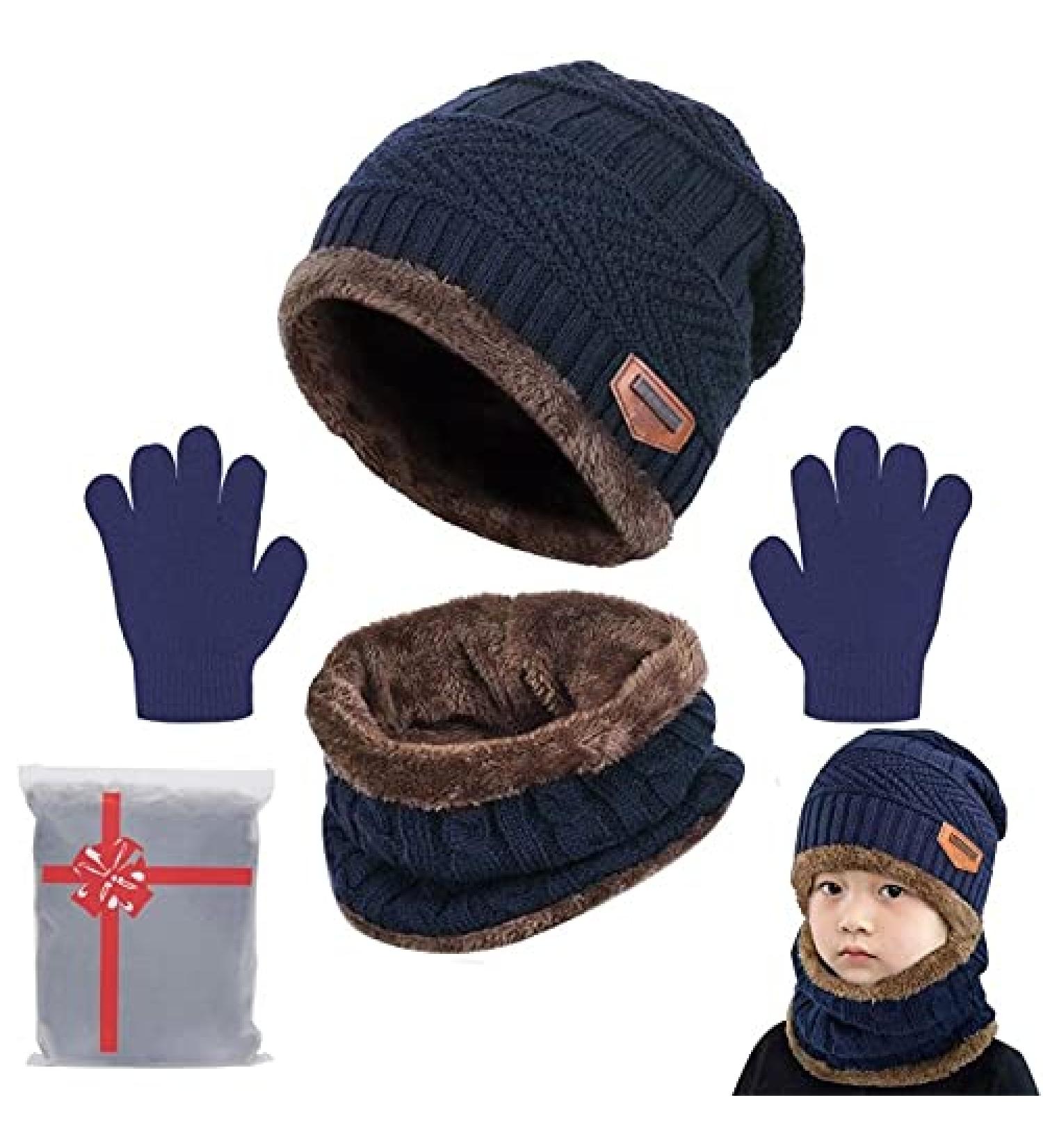 Yutdeng Kids Winter Hat Scarf Gloves Set | Girls Boys 3-in-1 Knitted Snood | Super Soft & Warm | Ages 2-10 | Navy Blue - Buy Online on GoSupps.com