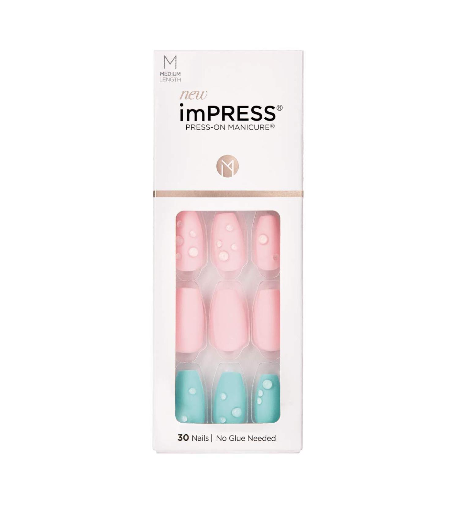KISS IMPRESS Press-On Manicure Dew Drop - Medium Length Square Nails with PureFit Technology | 30 Artificial Nails & Accessories - Buy Online on GoSupps.com
